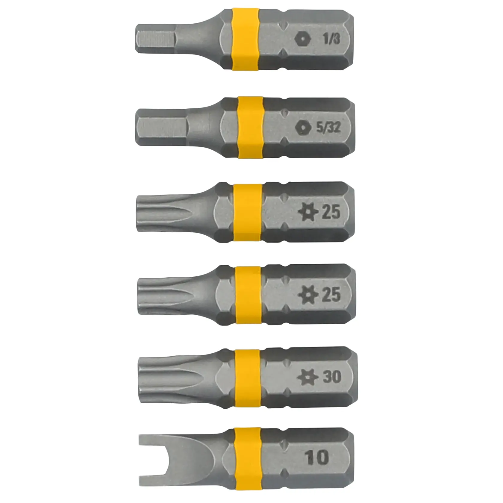 A set of six DEWALT screwdriver bits in different types and sizes, each bit is silver with a yellow band and has the size etched on the side. The bits are arranged vertically.