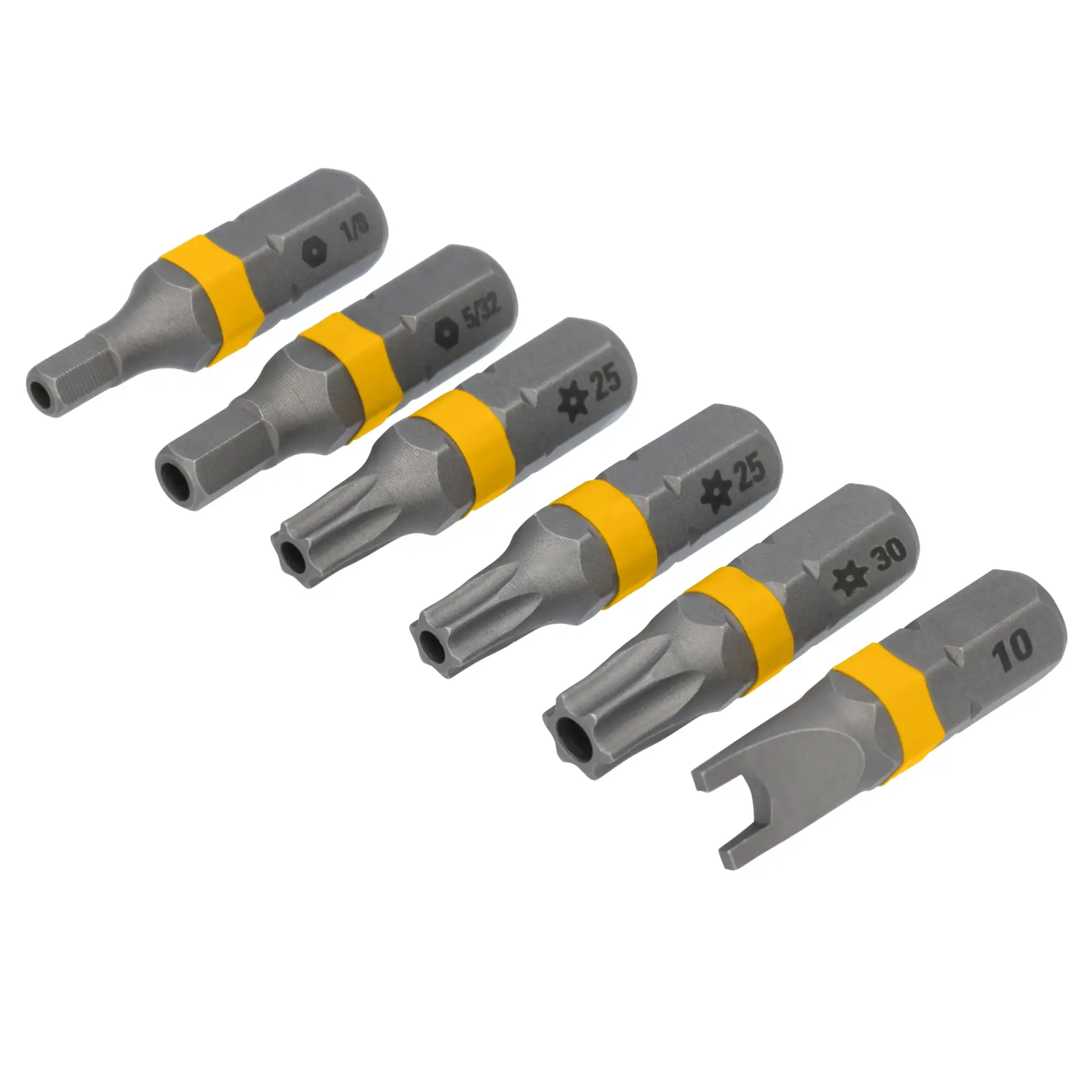 A set of six DEWALT screwdriver bits in various sizes and types, arranged in a row on a white background. Each bit is made of metal with a yellow band near the base and clearly marked with its size and type.
