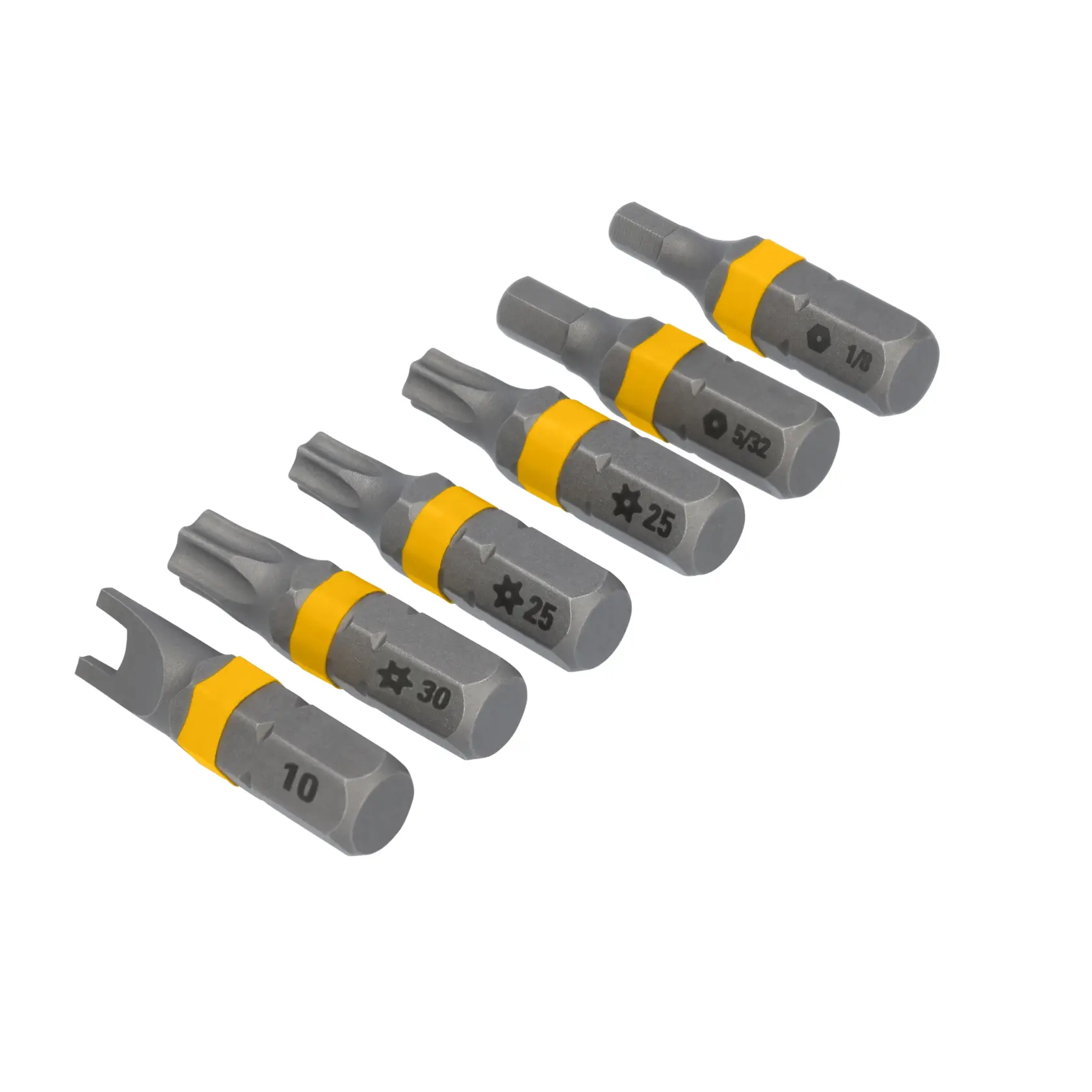 Five DEWALT screwdriver bits with yellow bands, each marked with different sizes and types, arranged in a row on a white background.