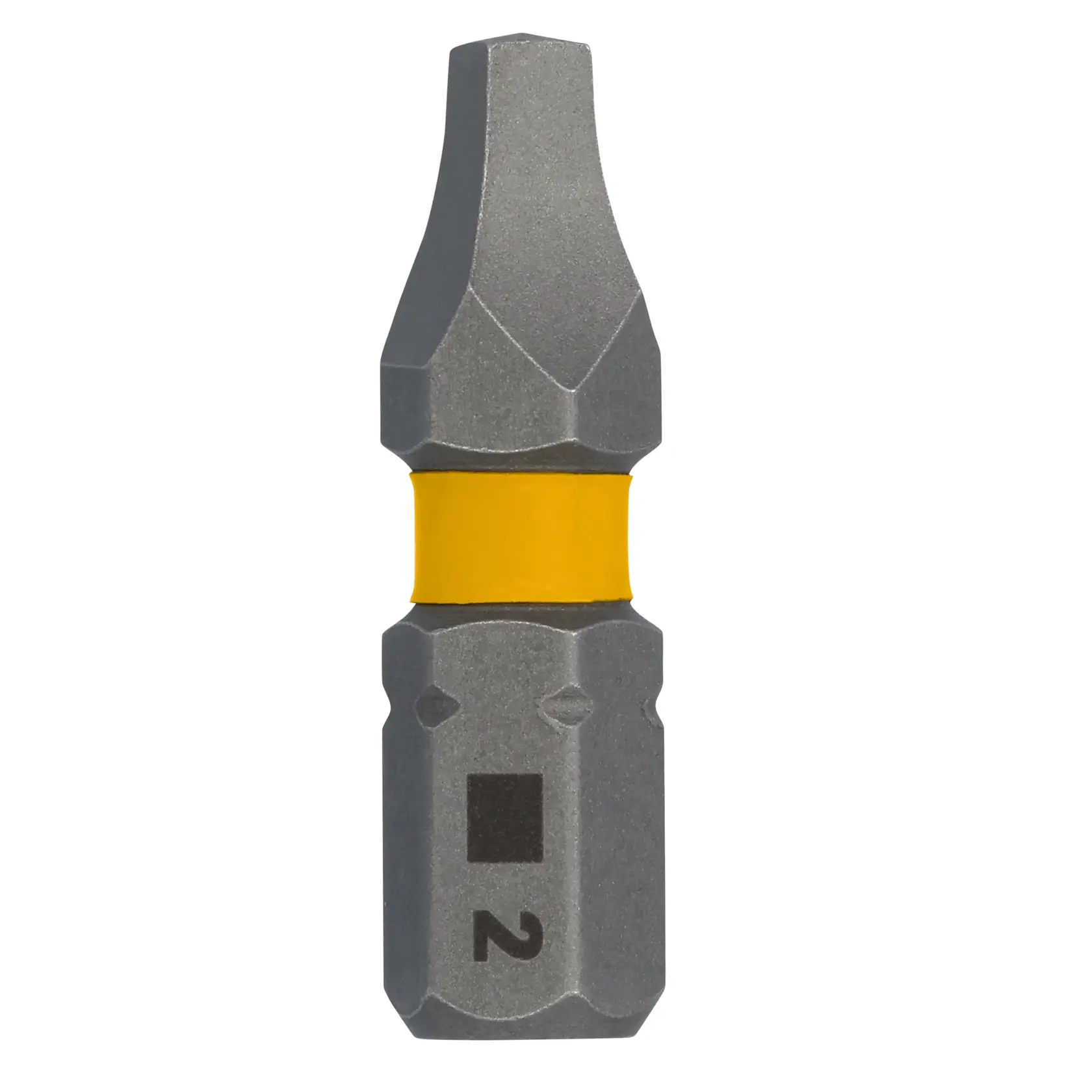 A DEWALT branded screwdriver bit with a gray finish and a yellow band in the middle. The bit is marked with a number 2 and is designed for use with power tools.
