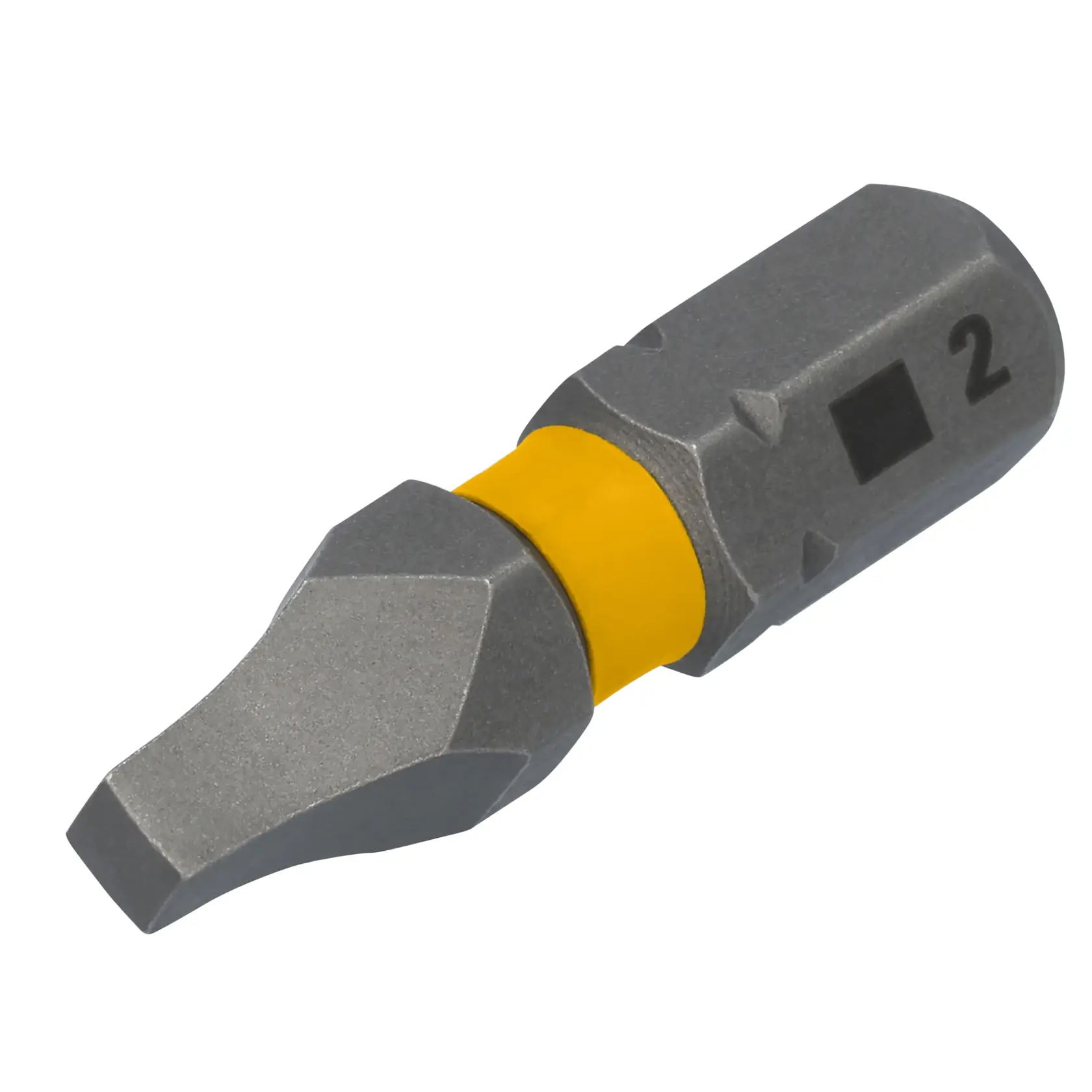 A close-up image of a DEWALT screwdriver bit with a gray metal body and a yellow band near the tip. The bit has a flat head and is marked with the number 2 on the side.