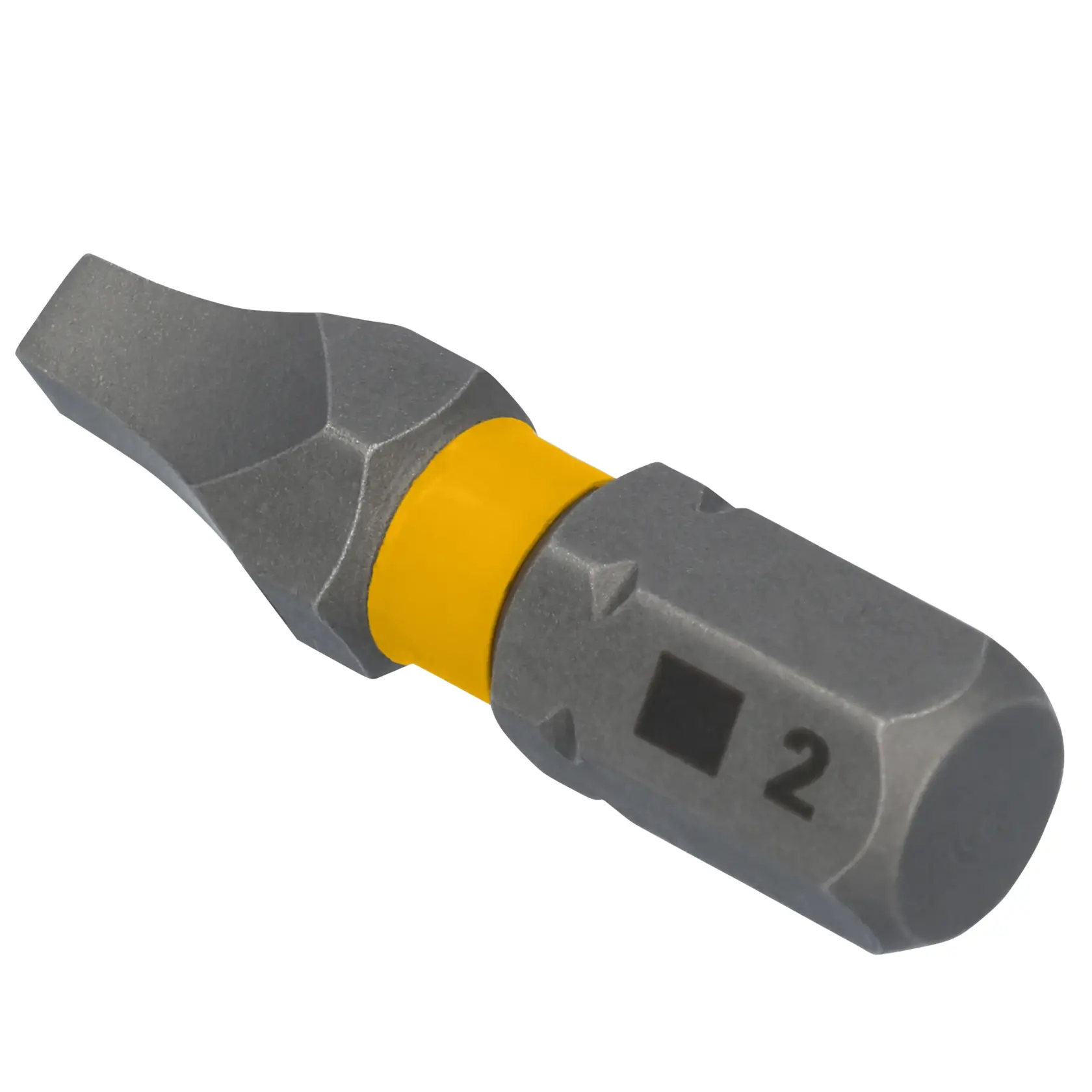 Close-up image of a DEWALT branded screwdriver bit with a yellow ring, labeled with a square and the number 2.