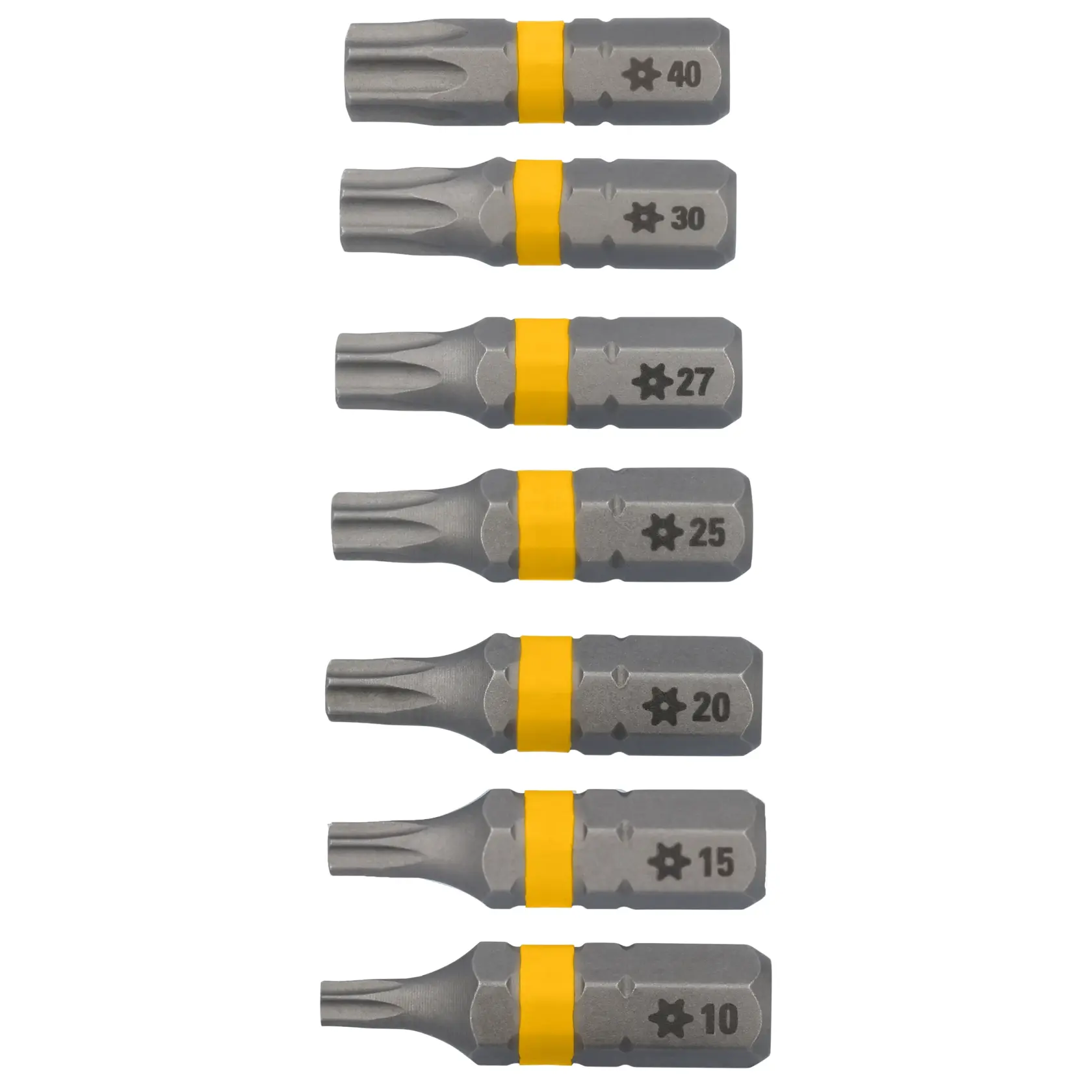 A set of seven DEWALT Torx screwdriver bits with yellow bands, arranged vertically. Each bit is labeled with its size: T40, T30, T27, T25, T20, T15, and T10.