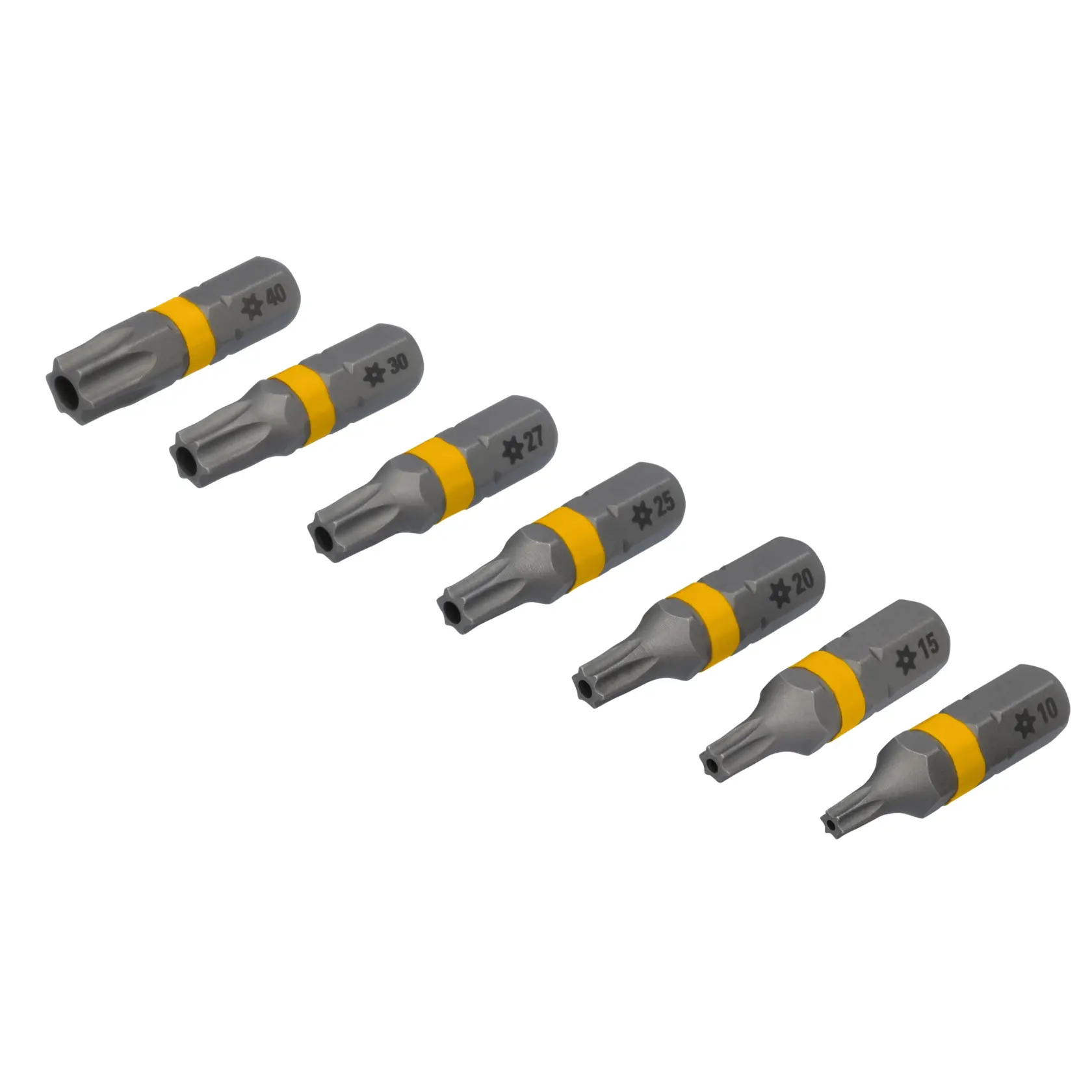 A set of seven DEWALT star-shaped screwdriver bits in different sizes, arranged in a row on a white background. Each bit is made of metal with a yellow band and labeled with its size: 40, 30, 27, 25, 20, 15, and 10.