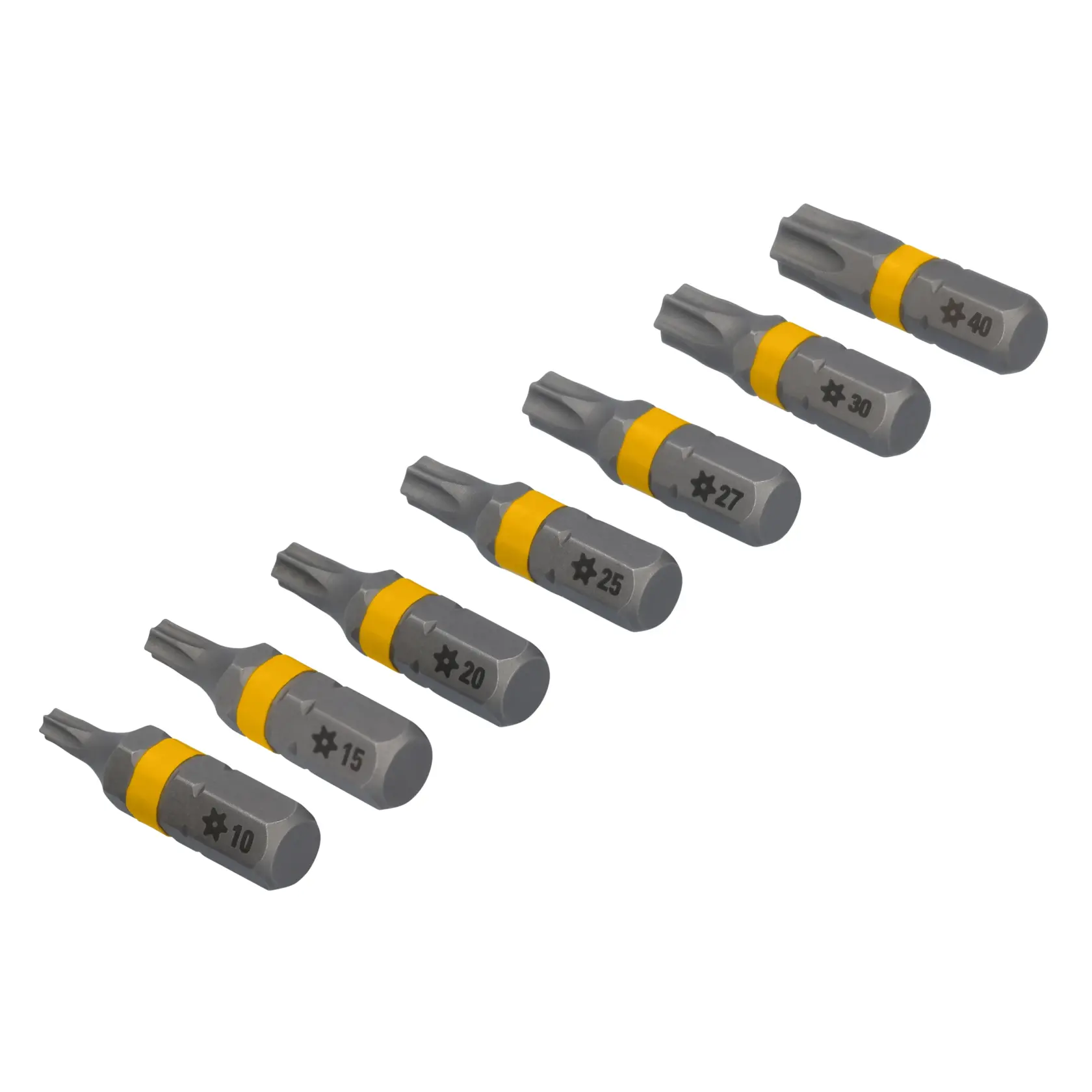A set of six gray and yellow DEWALT star-shaped screwdriver bits, each labeled with different sizes: 10, 15, 20, 25, 27, 30, and 40.