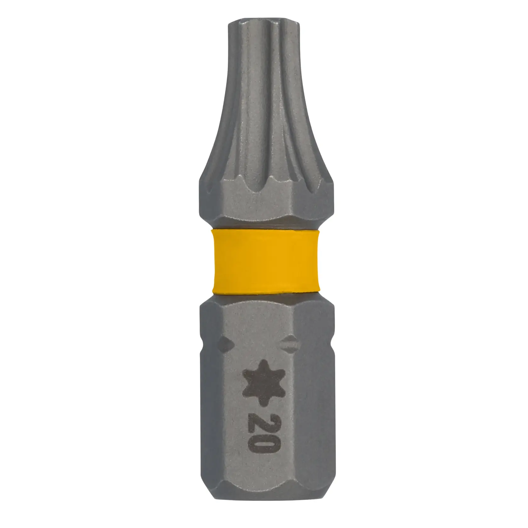 A close-up image of a DEWALT steel screwdriver bit with a yellow band, labeled with a star-shaped symbol and the number 20.