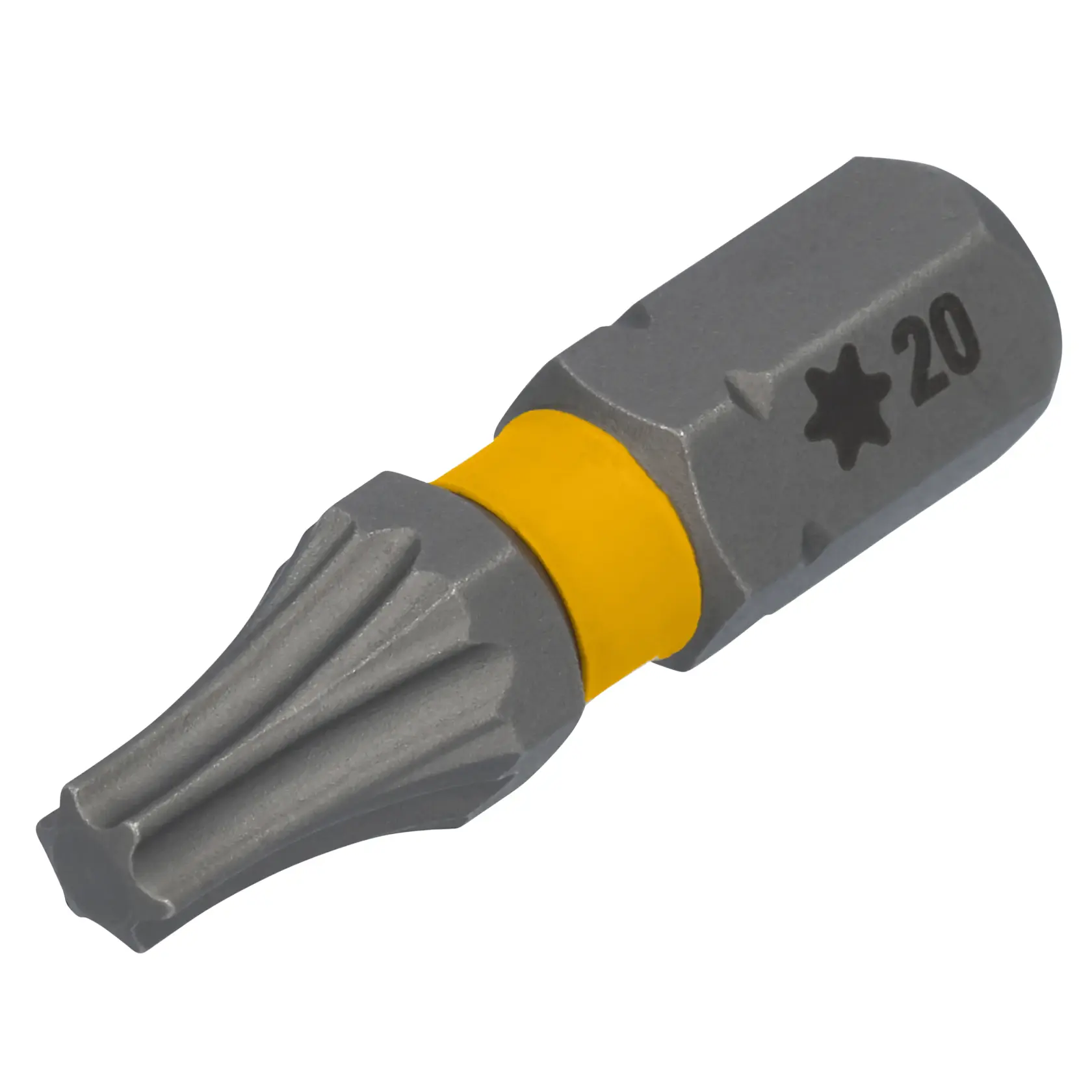 Close-up of a DEWALT Torx 20 screwdriver bit with a yellow ring, showing its star-shaped tip and grey metallic finish.