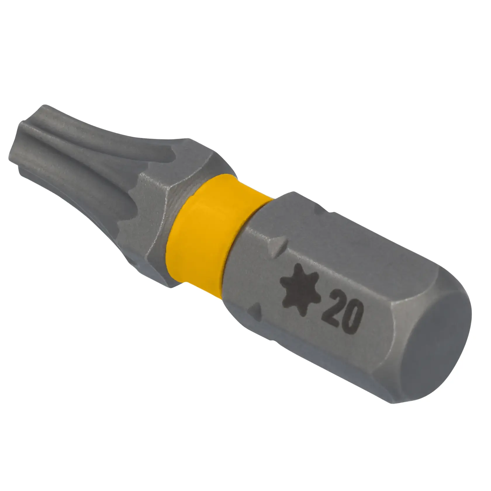 A close-up image of a DEWALT Torx T20 screwdriver bit with a yellow band and metallic finish.