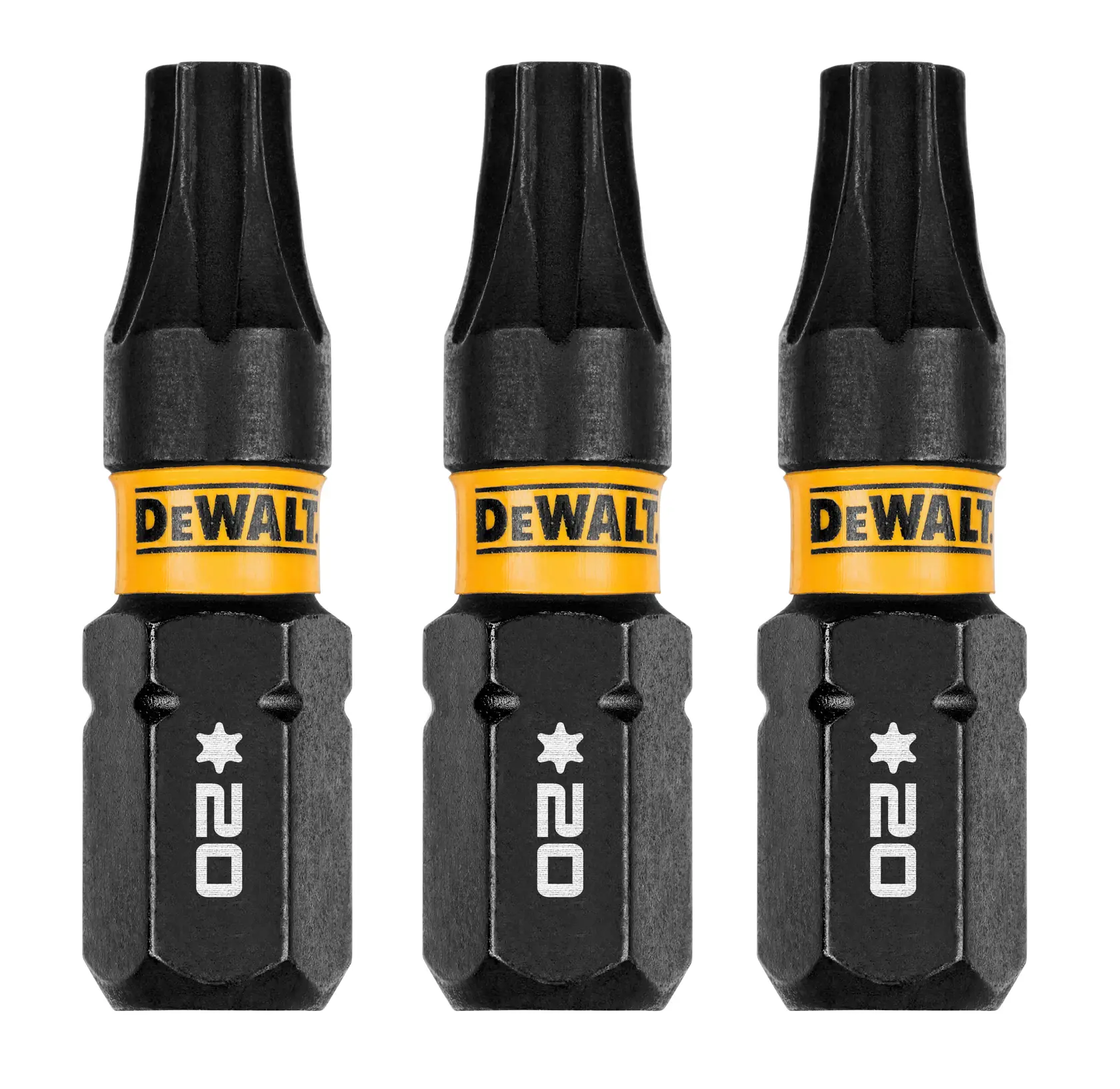 Three DEWALT branded star-shaped screwdriver bits with number 20 markings, displayed upright in a row.