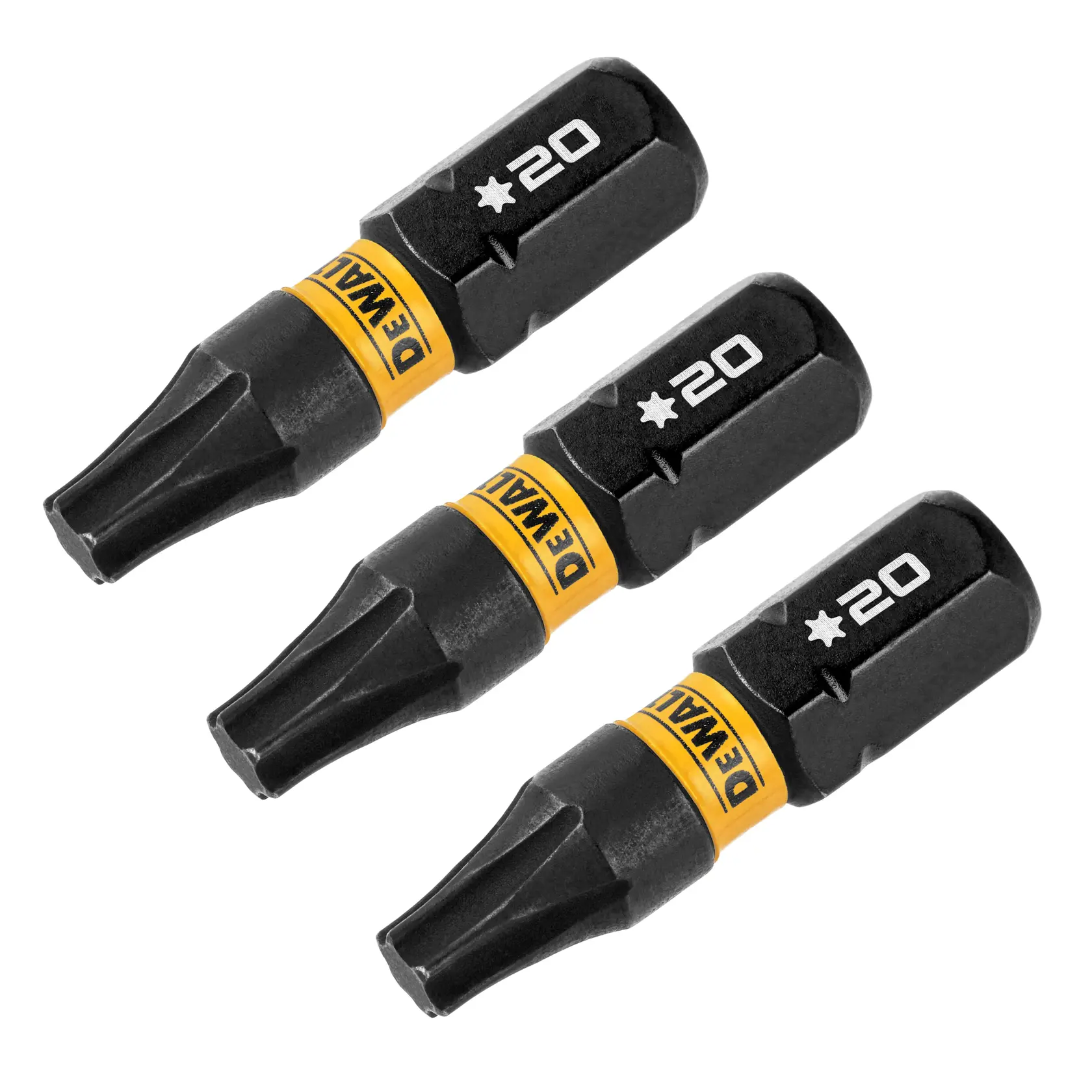 Three DEWALT branded star-shaped screwdriver bits with size marking T20, black with yellow DEWALT labels.