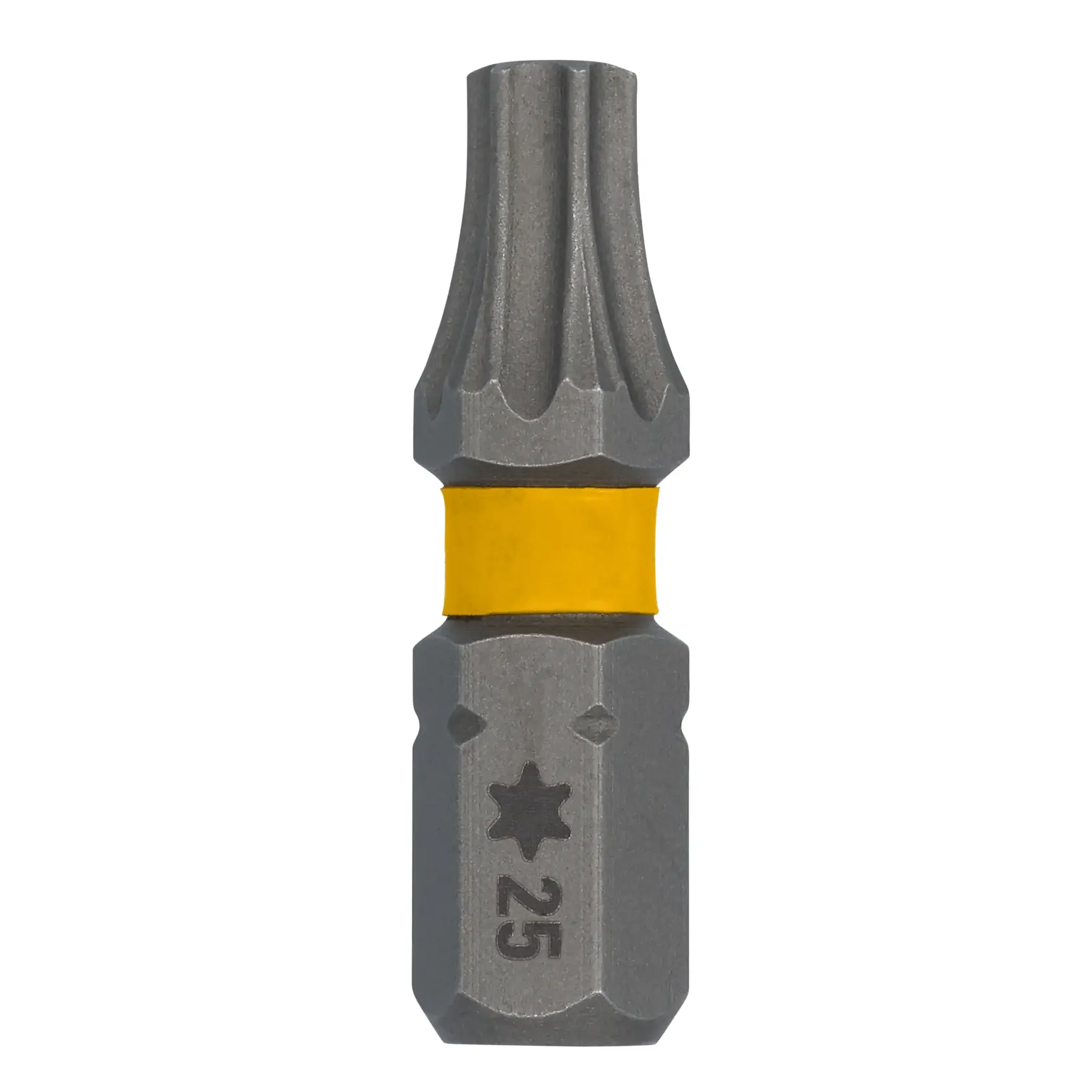 A close-up image of a DEWALT star-shaped screwdriver bit with the marking '25' and a yellow band around the middle.