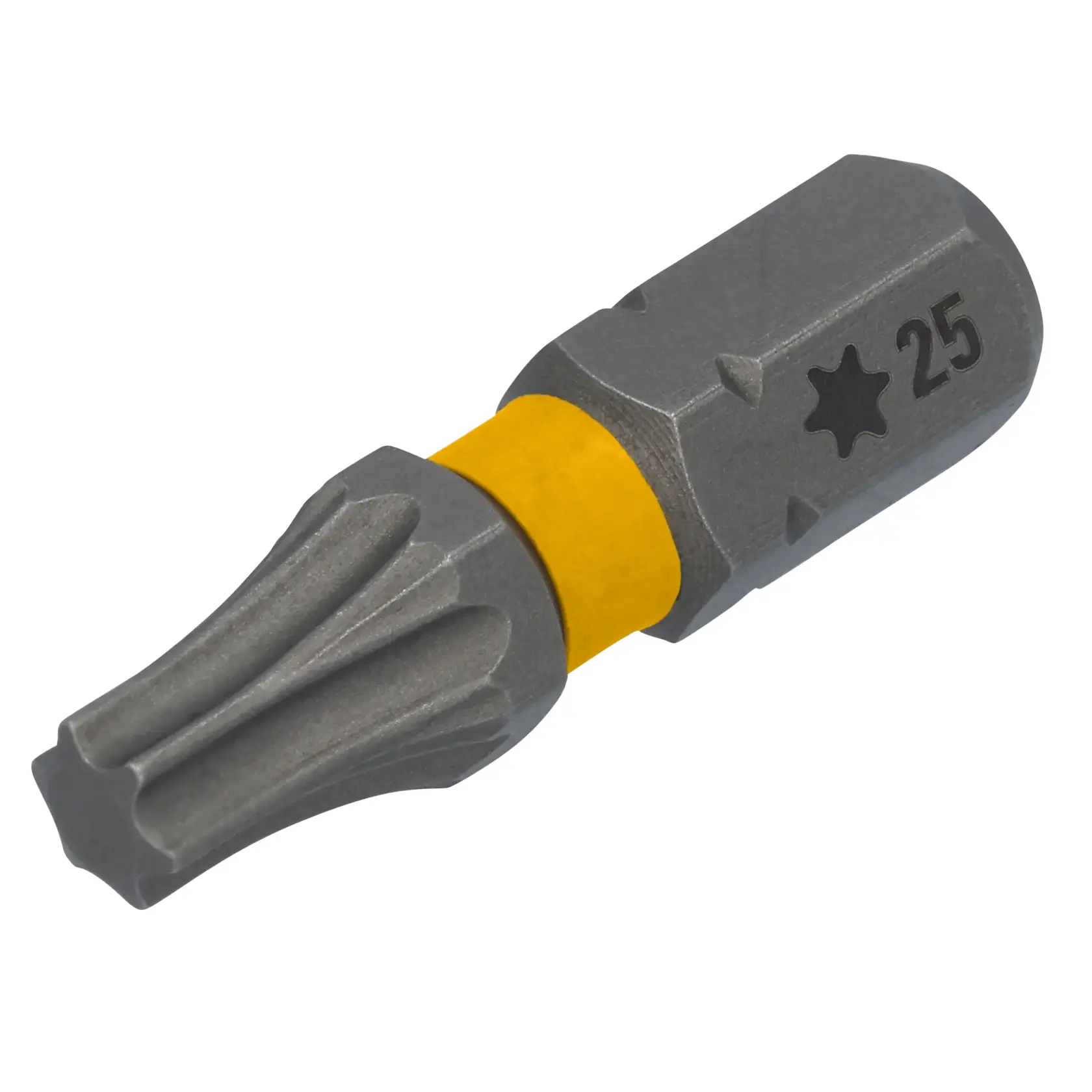 A close-up image of a DEWALT Torx screwdriver bit, with a yellow ring and a '25' marking indicating its size.