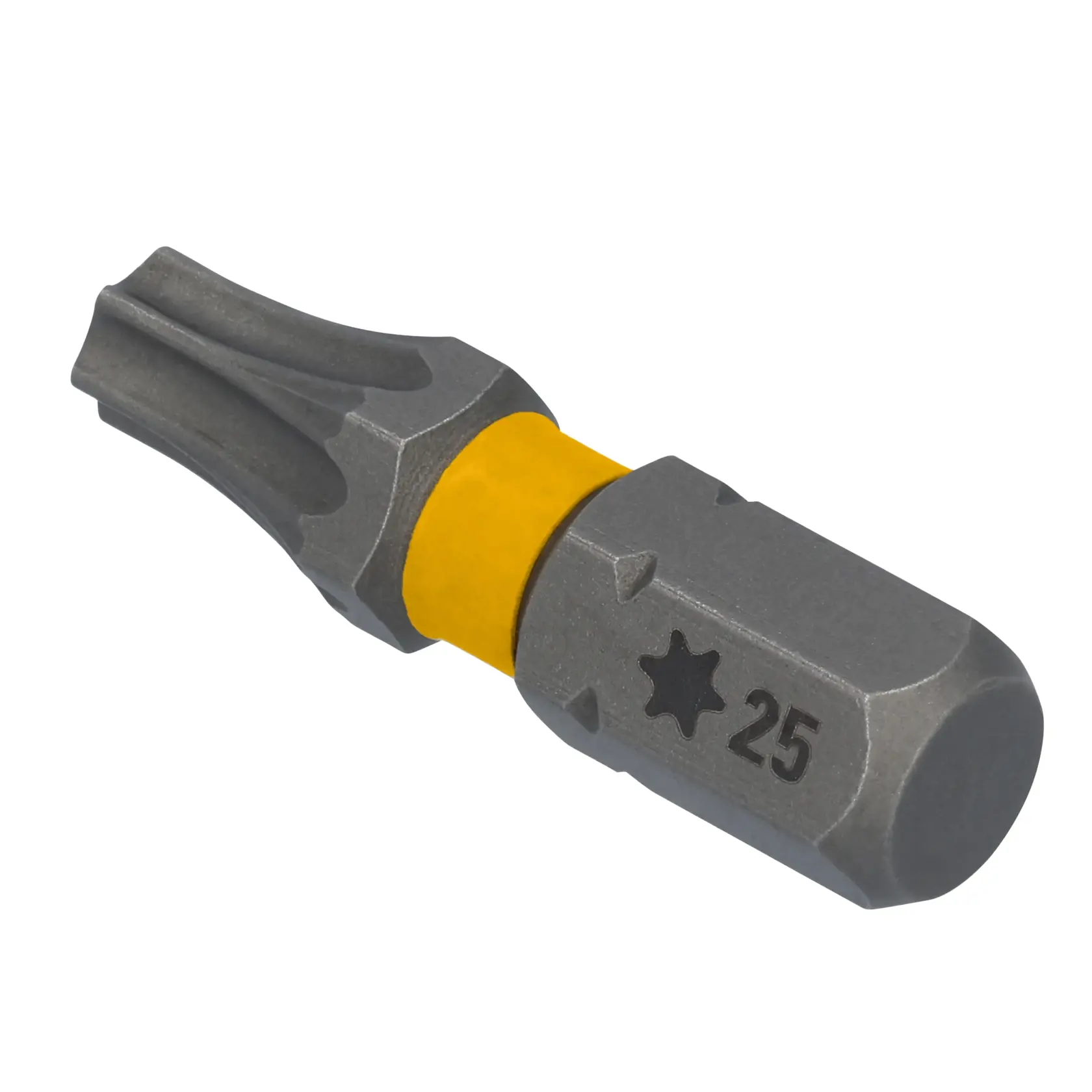 Close-up image of a DEWALT star-shaped screwdriver bit with a yellow ring and '25' marking, used for fastening and driving screws.