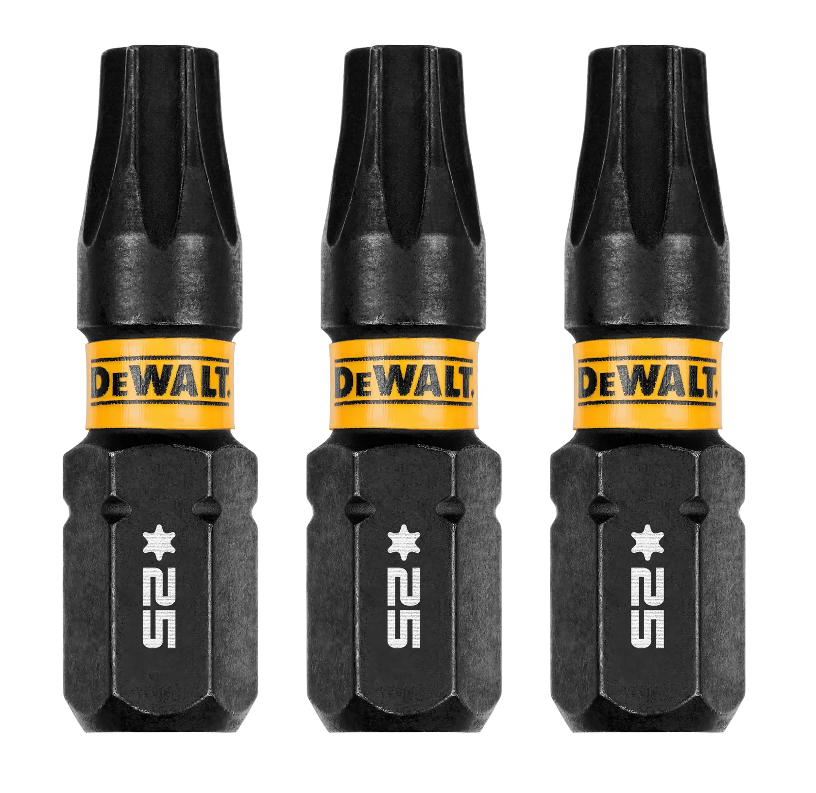 Three DEWALT branded black and yellow screwdriver bits, size TX25, shown in a row on a white background.