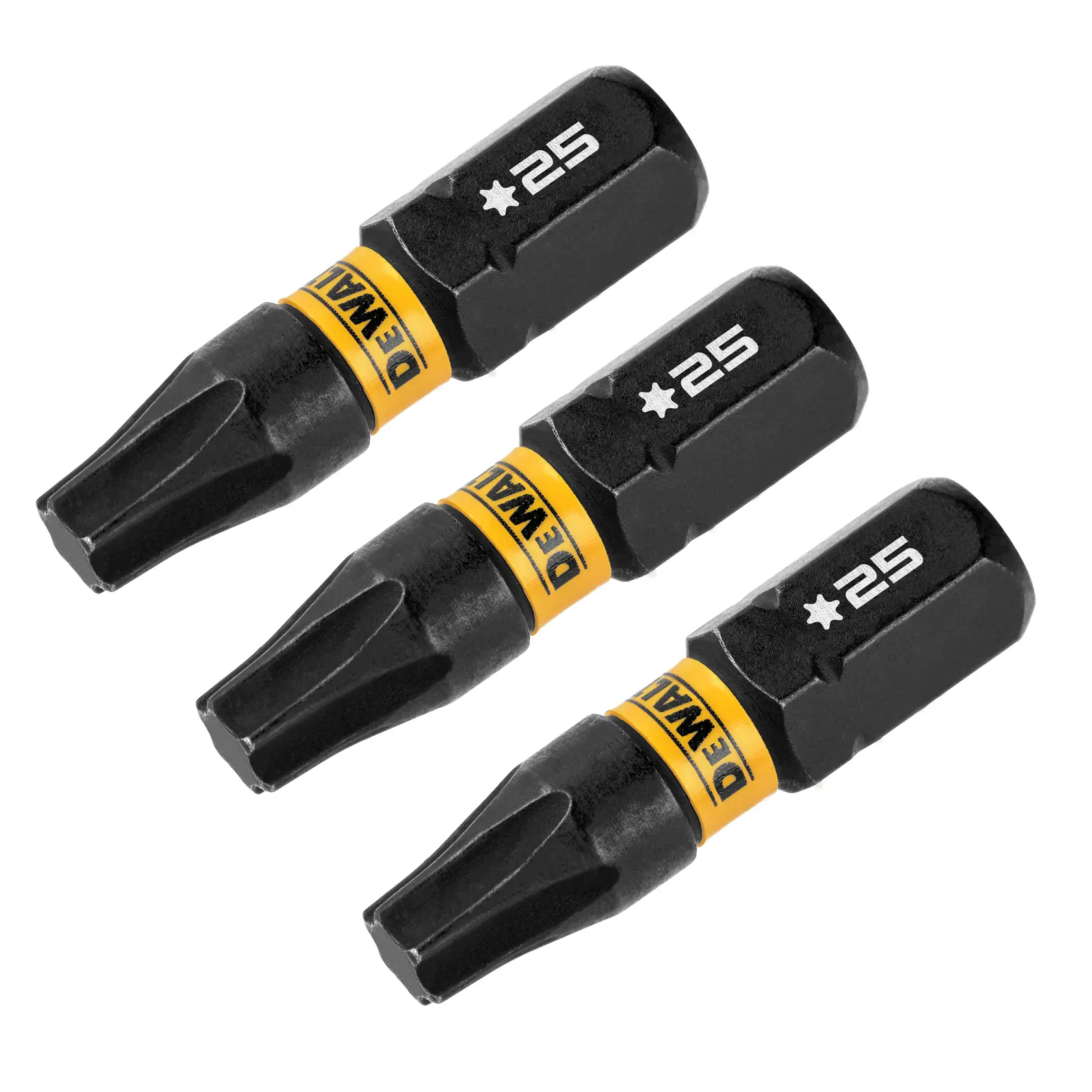 Three DEWALT branded black and yellow Torx screwdriver bits size T25, arranged diagonally on a white background.