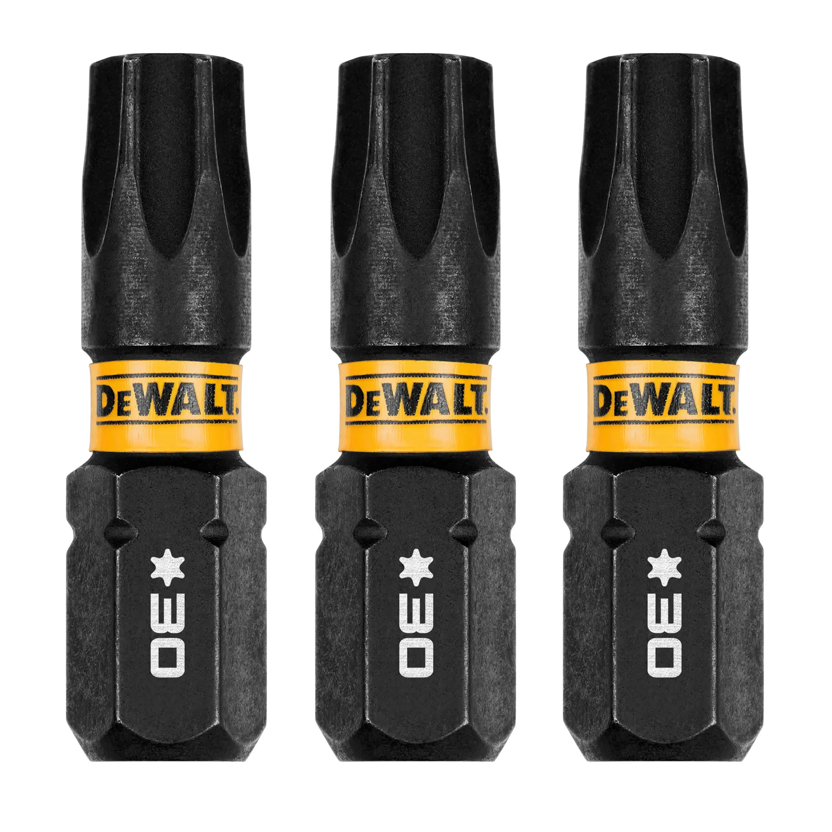 Three DEWALT branded black and yellow screwdriver bits for impact drivers, arranged vertically side by side.