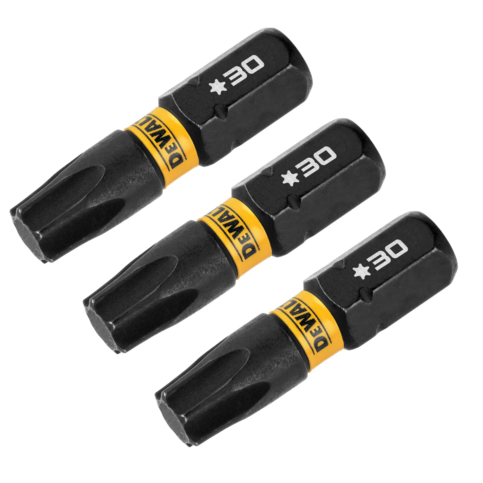 Three DEWALT branded black and yellow star-shaped screwdriver bits, each labeled with T30.