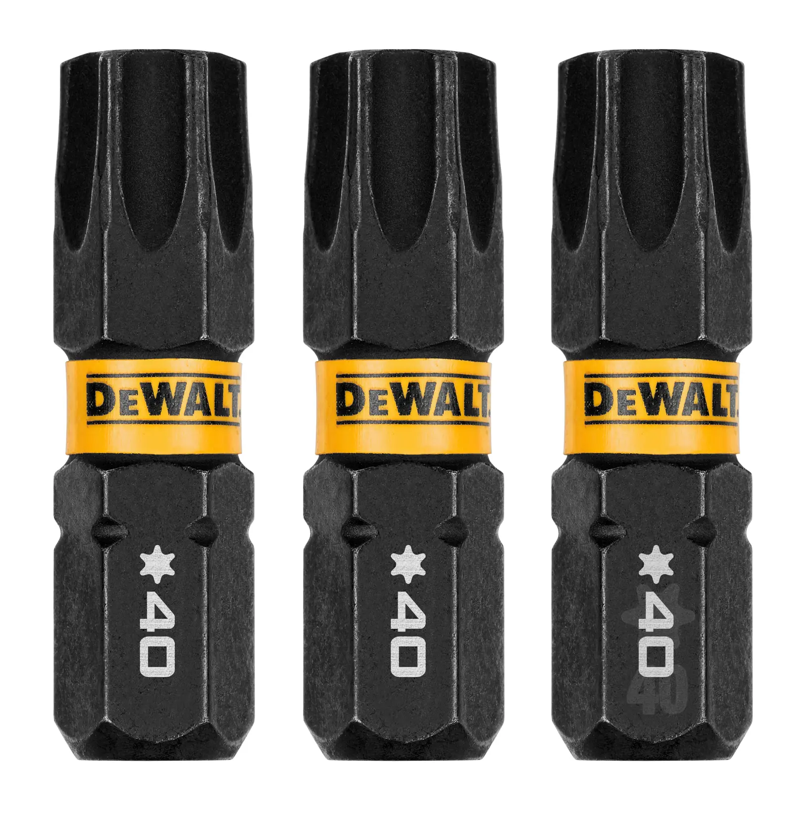 Three DEWALT brand black screwdriver bits are shown standing upright. Each bit has a yellow band with the DEWALT logo and the marking '40' below a star symbol near the base.