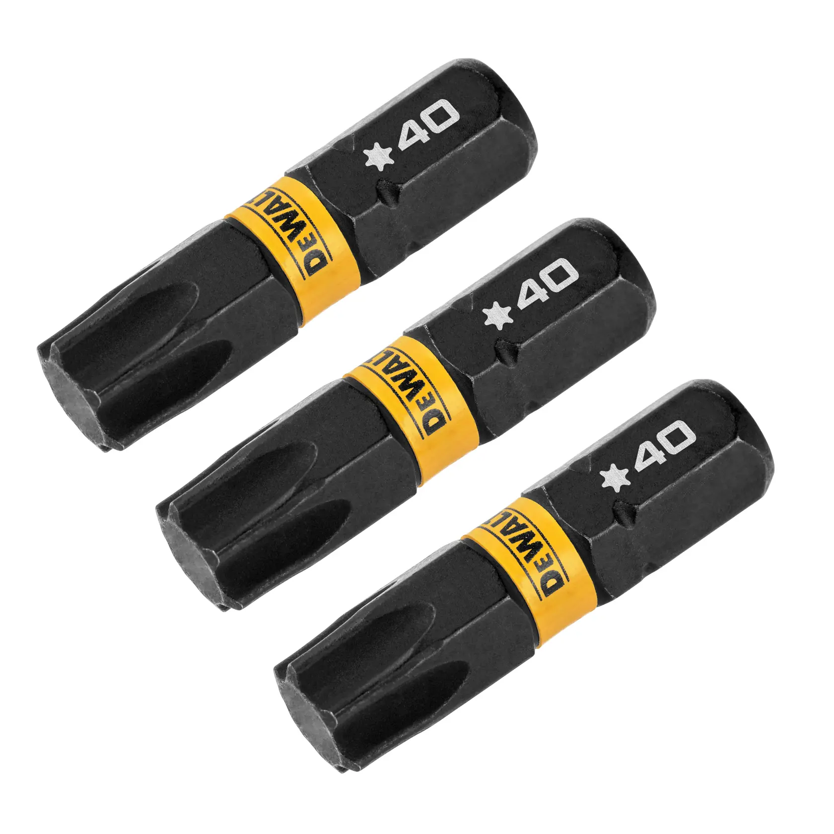 Three DEWALT branded black and yellow star-shaped screwdriver bits, each marked with the number 40.