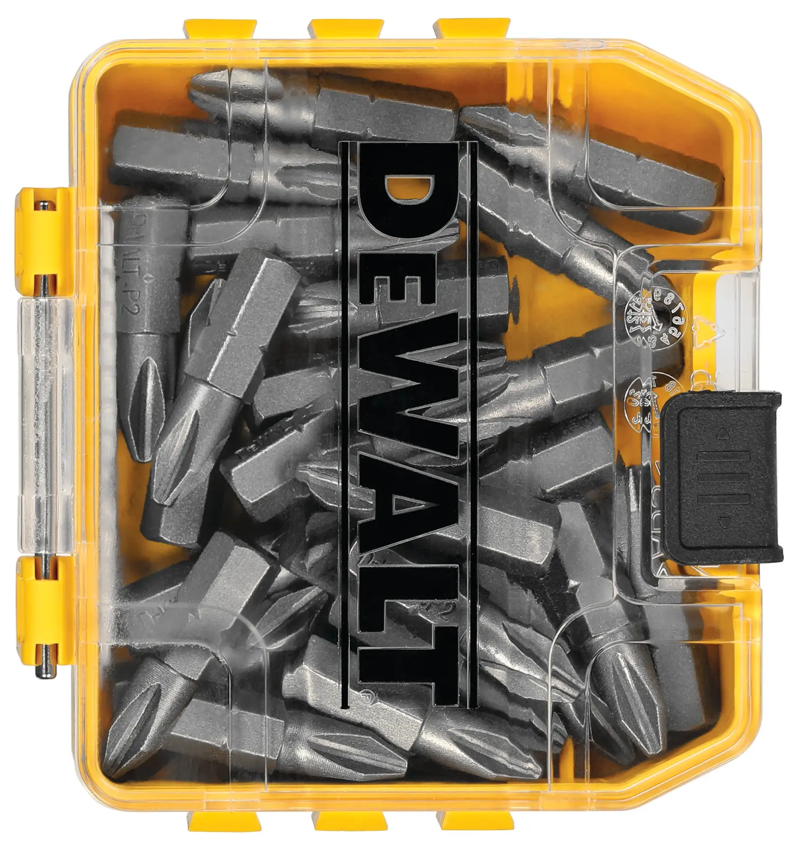 A transparent yellow plastic case containing multiple metallic screwdriver bits, with the DEWALT brand name printed on the lid.