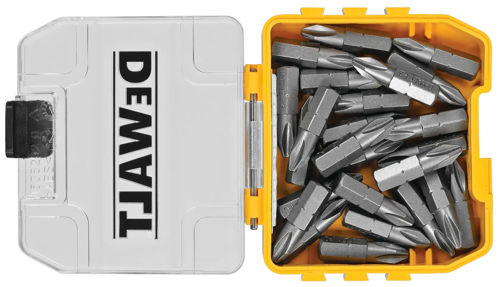 A DEWALT branded yellow and clear plastic box filled with multiple metal screwdriver bits, seen from above with the lid open.