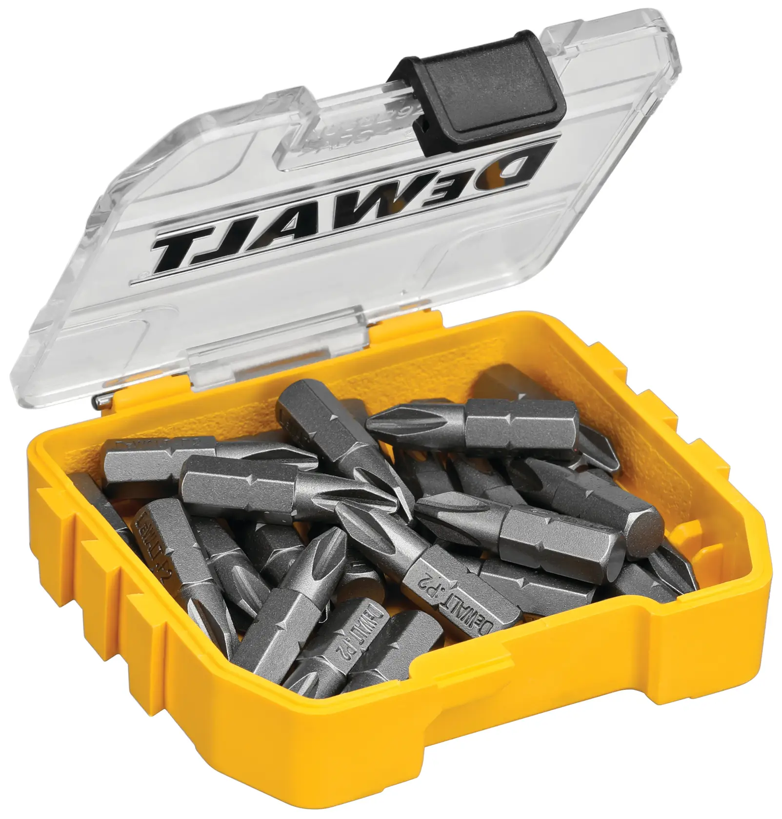 A yellow plastic box with a transparent lid labeled DEWALT, containing several gray screwdriver bits.