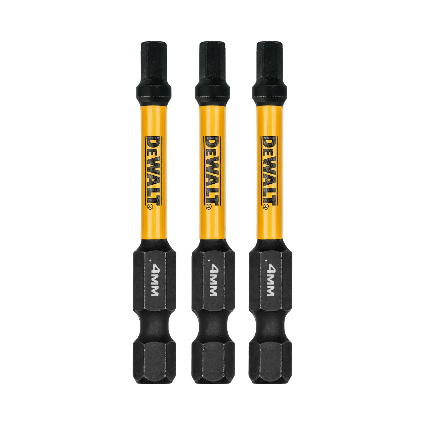 Three DEWALT 4mm hex screwdriver bits with yellow shafts and black tips, arranged vertically side by side.