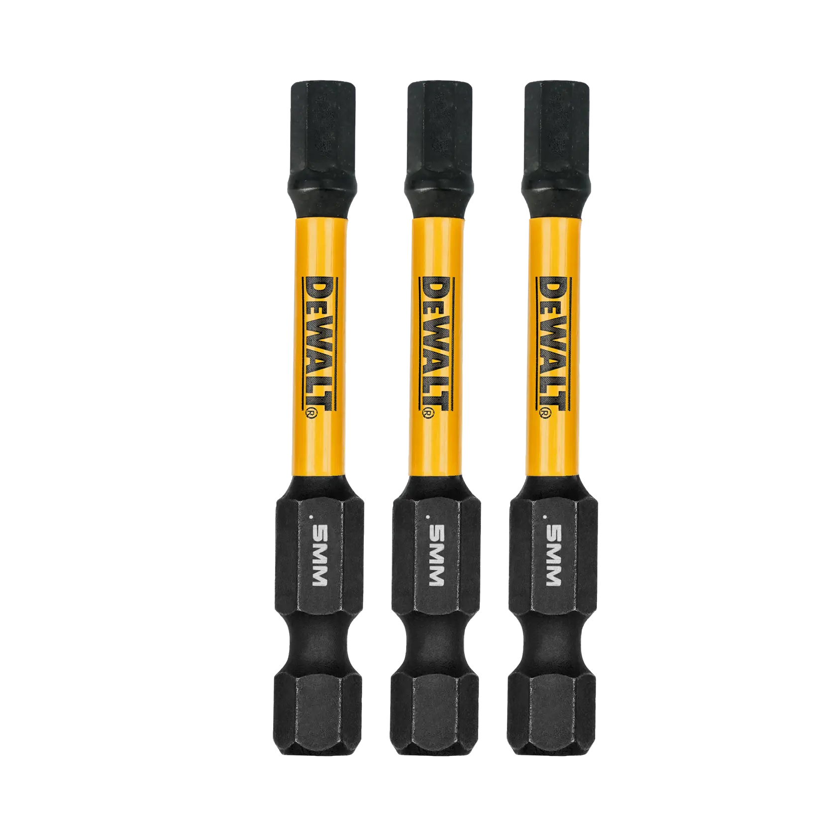 Three DEWALT 5mm hex shank screwdriver bits with yellow and black color, shown vertically side by side on a white background.