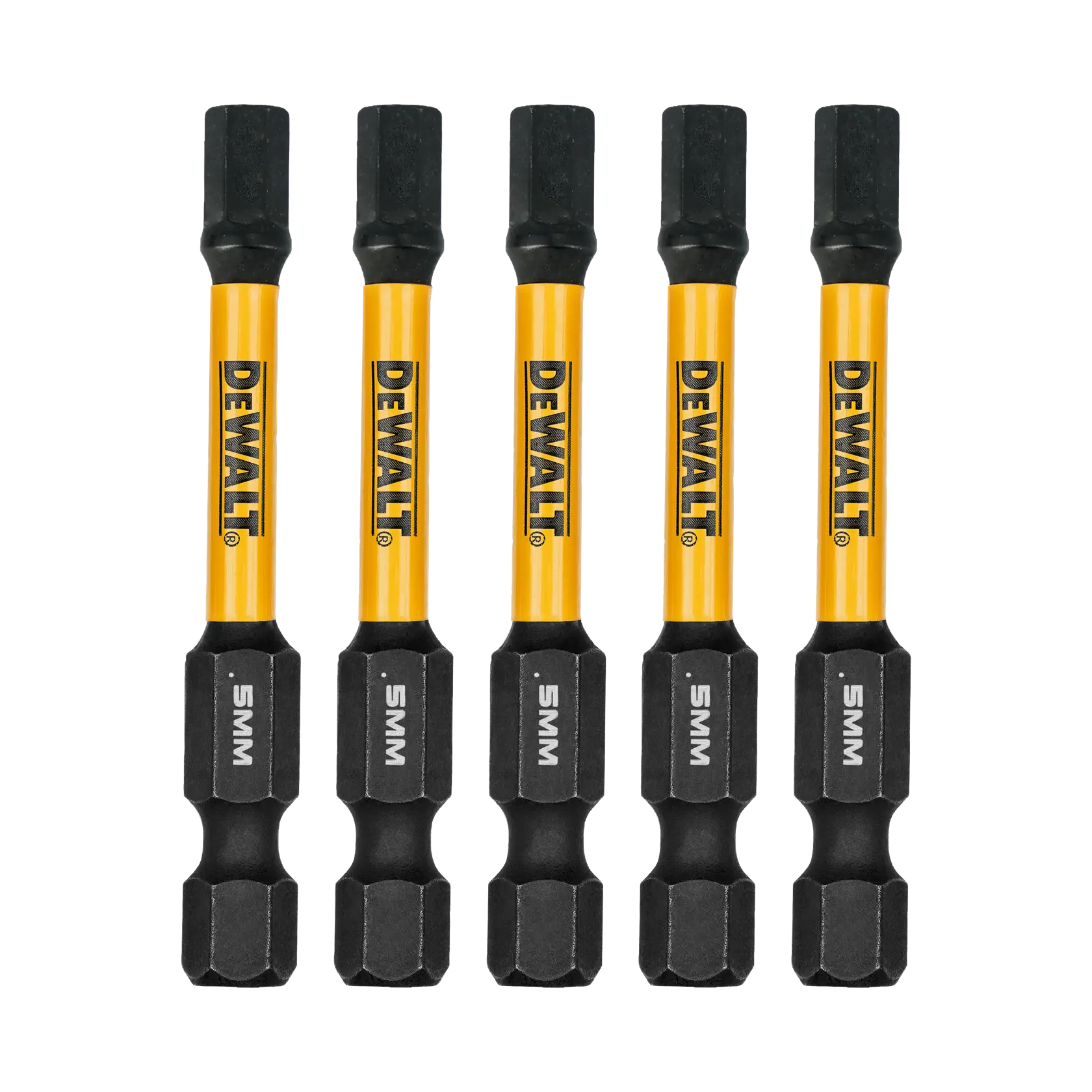 DEWALT photography tools, SKUs CMCOE300B, DWAF2HX5IR5. Five yellow 5mm bits shown vertically.