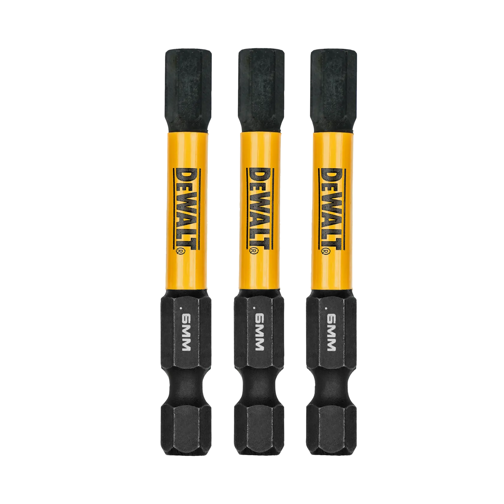 DEWALT bit set, 3 pieces, 6mm, models CMCOE300B and DWAF2HX6IR3, yellow and black.