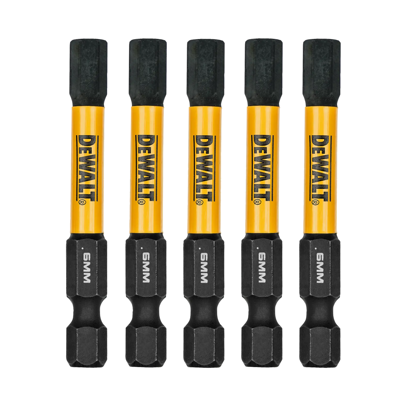 DEWALT drill bits, 5-pack, 6mm size, SKUs CMCOE300B, DWAF2HX6IR5, photography category.
