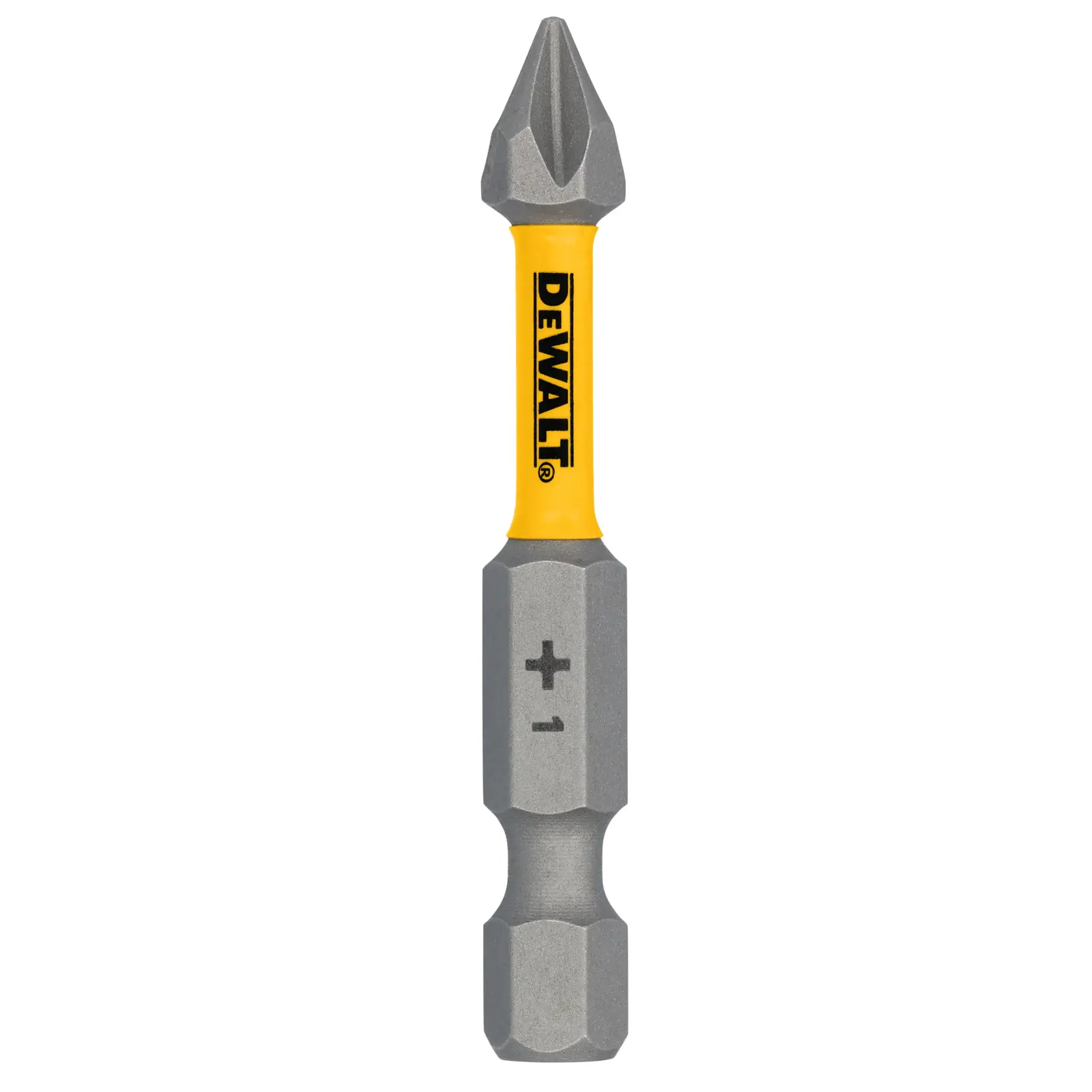 A DEWALT branded screwdriver bit with a yellow central section and gray ends, featuring a Phillips tip and the marking '+1' near the base.