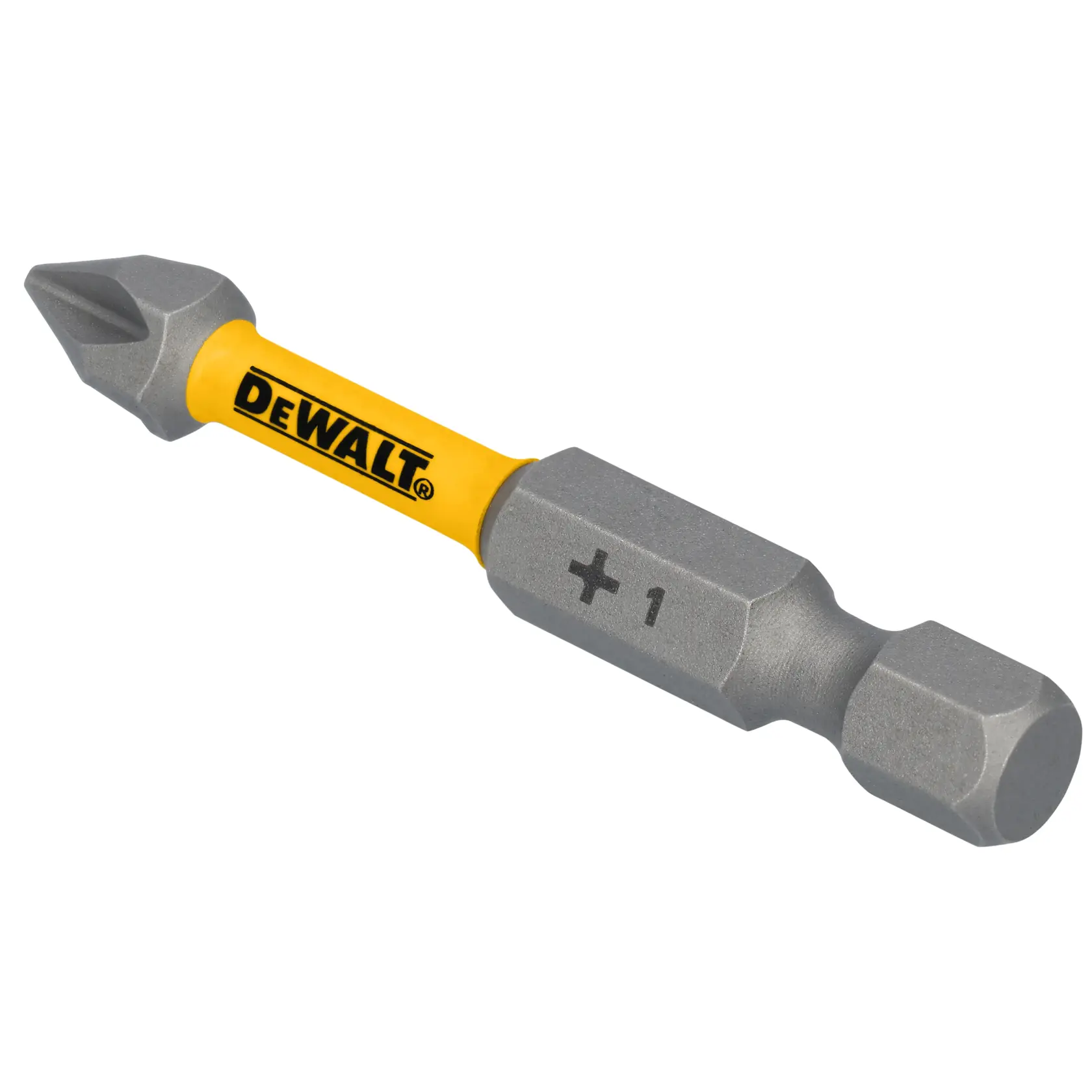 A DEWALT branded Phillips screwdriver bit, size PH1, with a yellow shaft and hexagonal base.