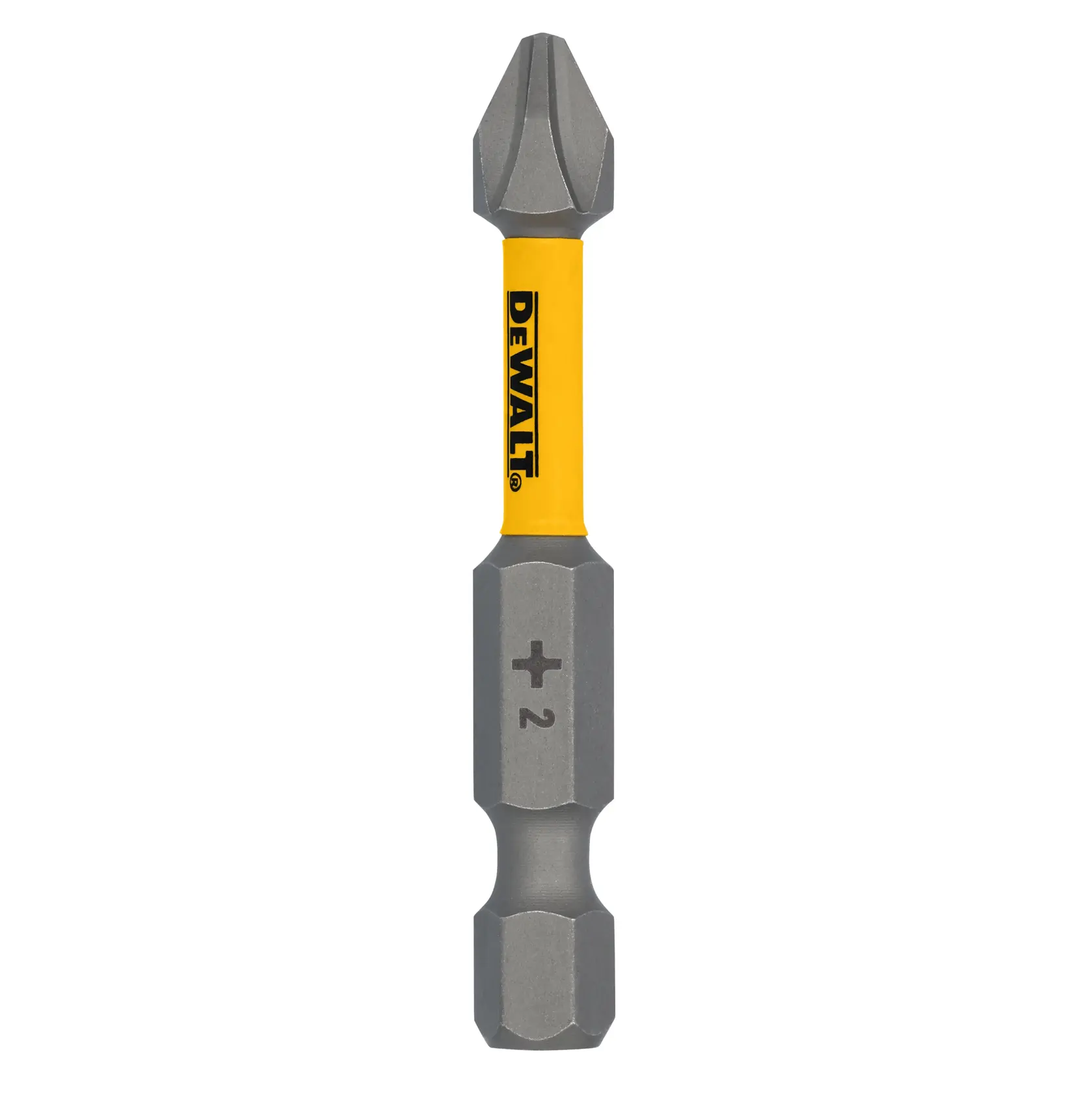 A DEWALT branded double-ended screwdriver bit with a yellow center and gray metal ends, featuring a Phillips head and the marking '+2'.
