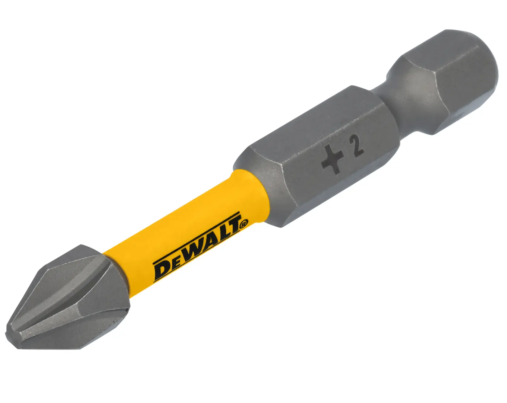 A DEWALT Phillips #2 screwdriver bit with a yellow shaft and gray ends, designed for use with power tools.