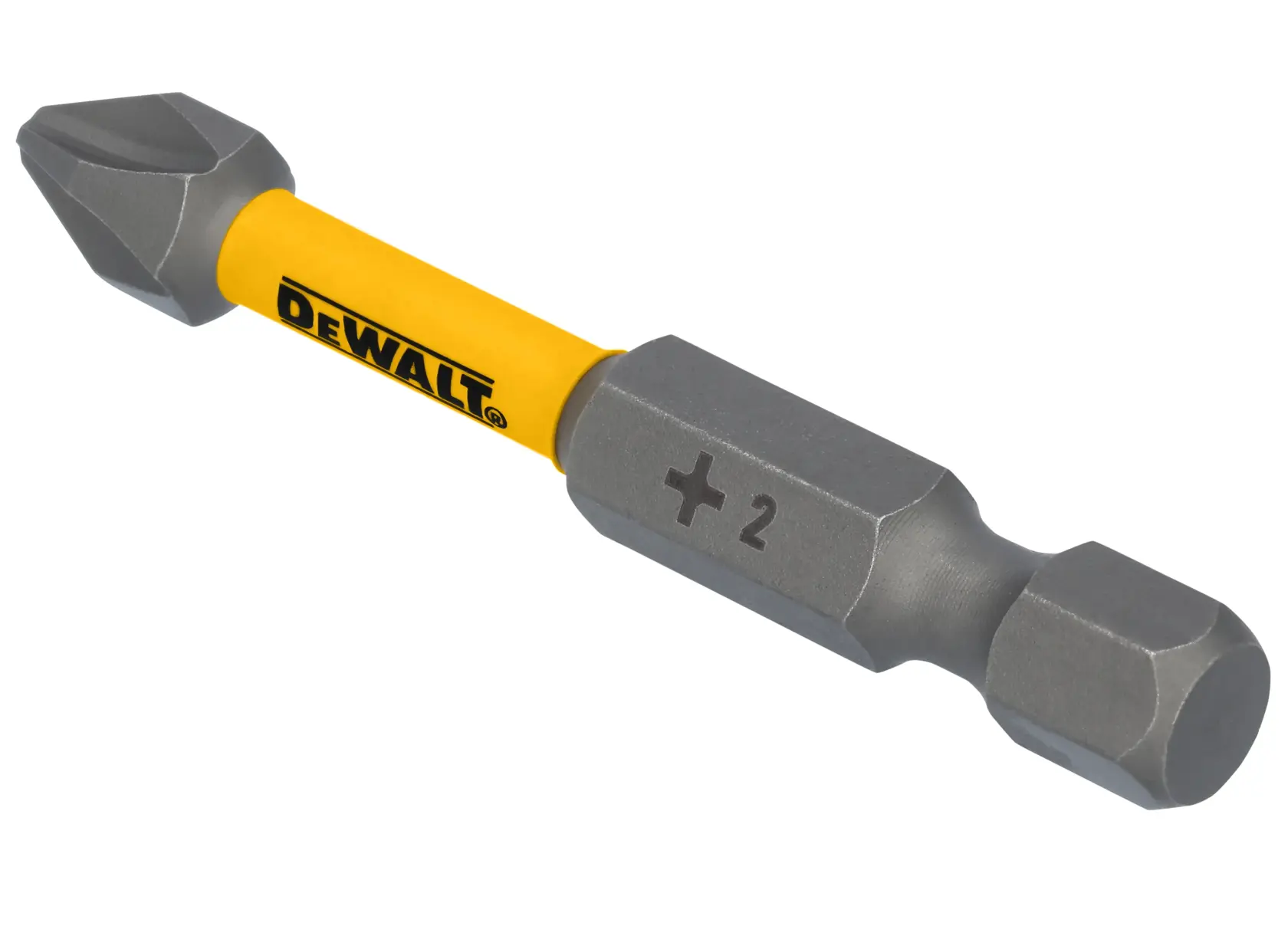 A DEWALT branded Phillips screwdriver bit with a yellow shaft and a size marking of +2, designed for use with power tools.