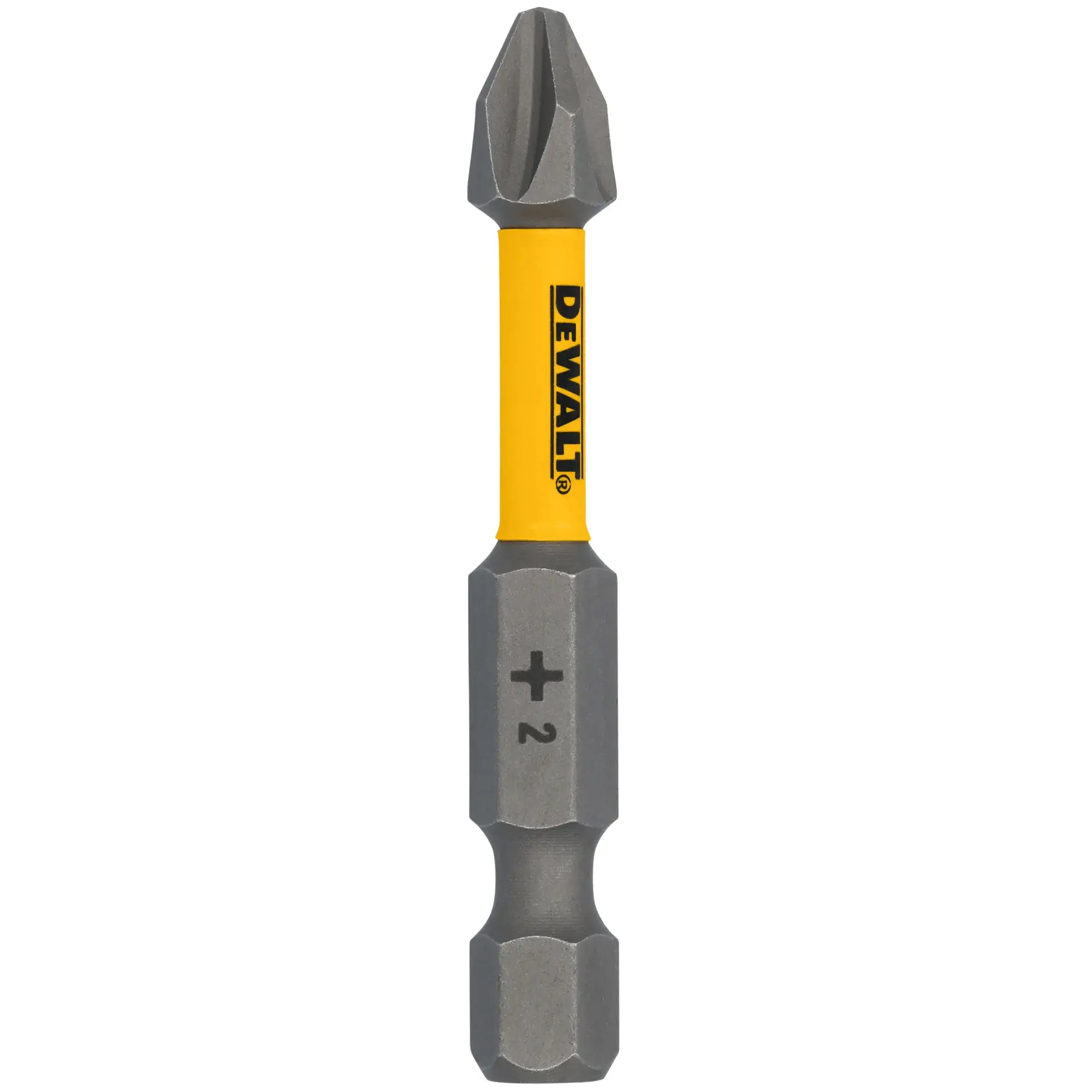 A DEWALT branded Phillips #2 screwdriver bit with a yellow center and gray ends.