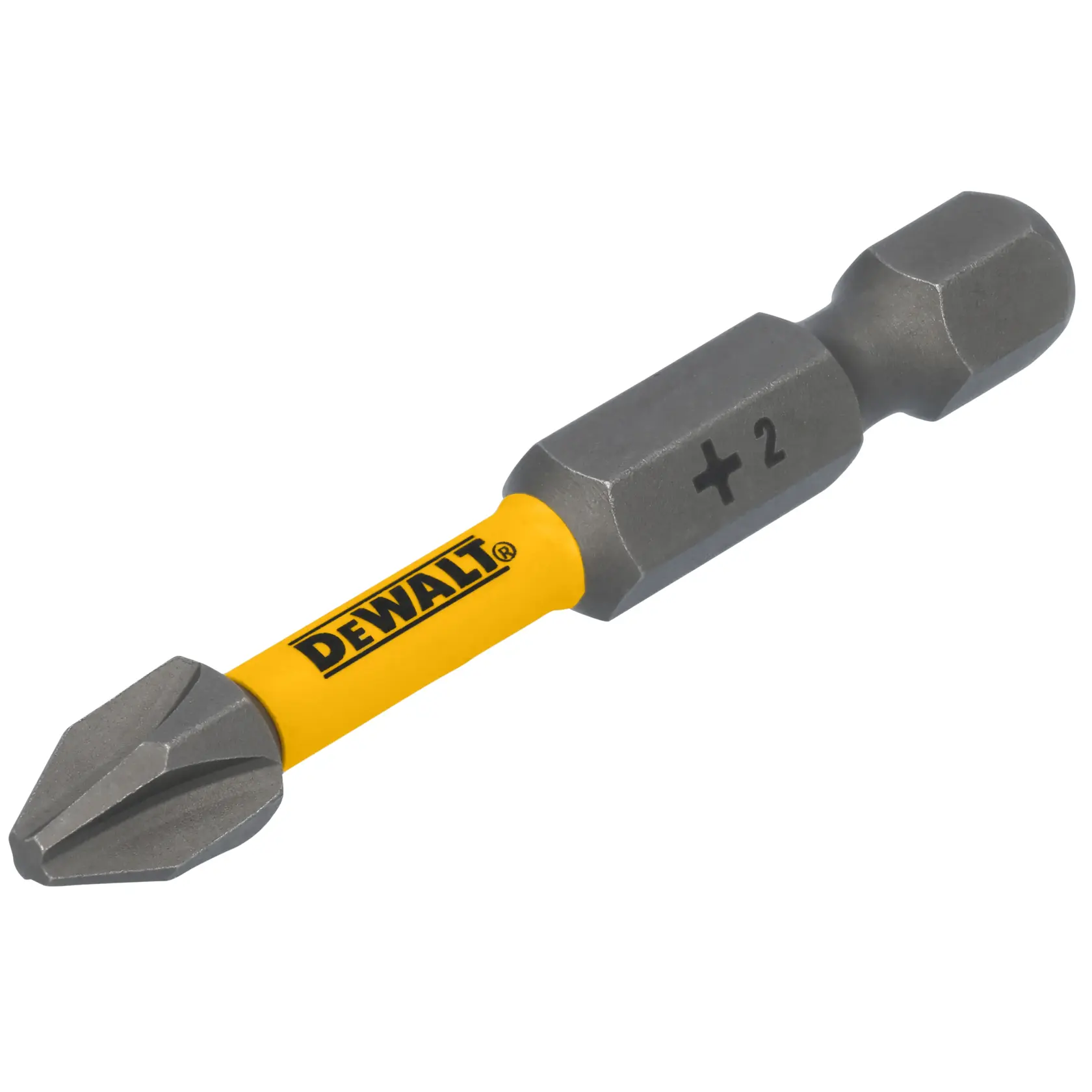 A DEWALT branded Phillips screwdriver bit with a yellow shaft and metallic tip, labeled with a plus sign and the number 2.