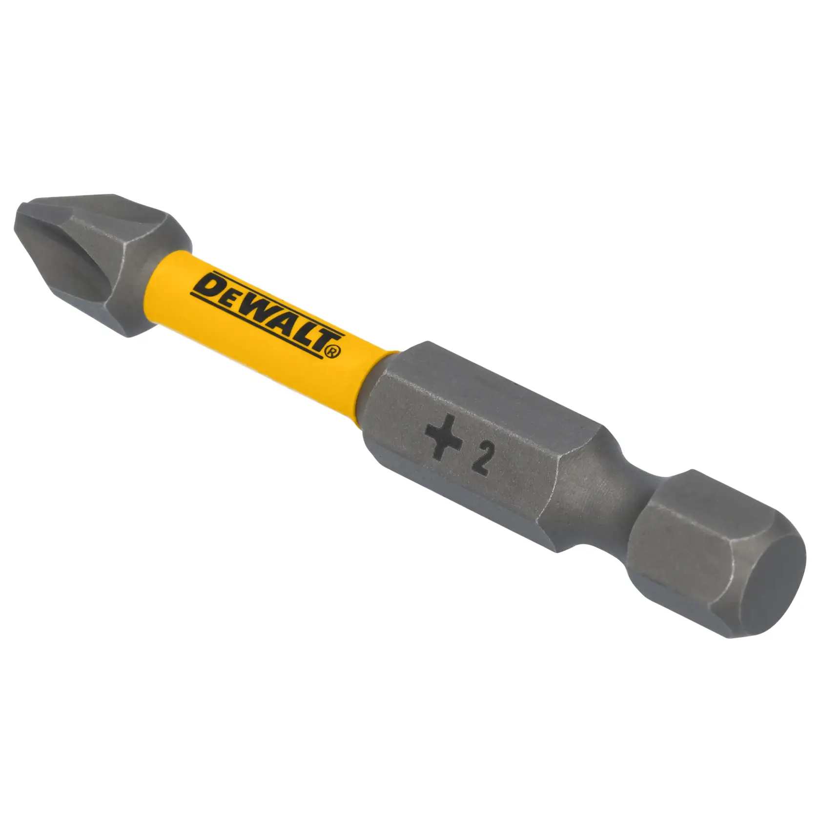 A close-up image of a DEWALT branded yellow and gray screwdriver bit with a Phillips #2 tip.