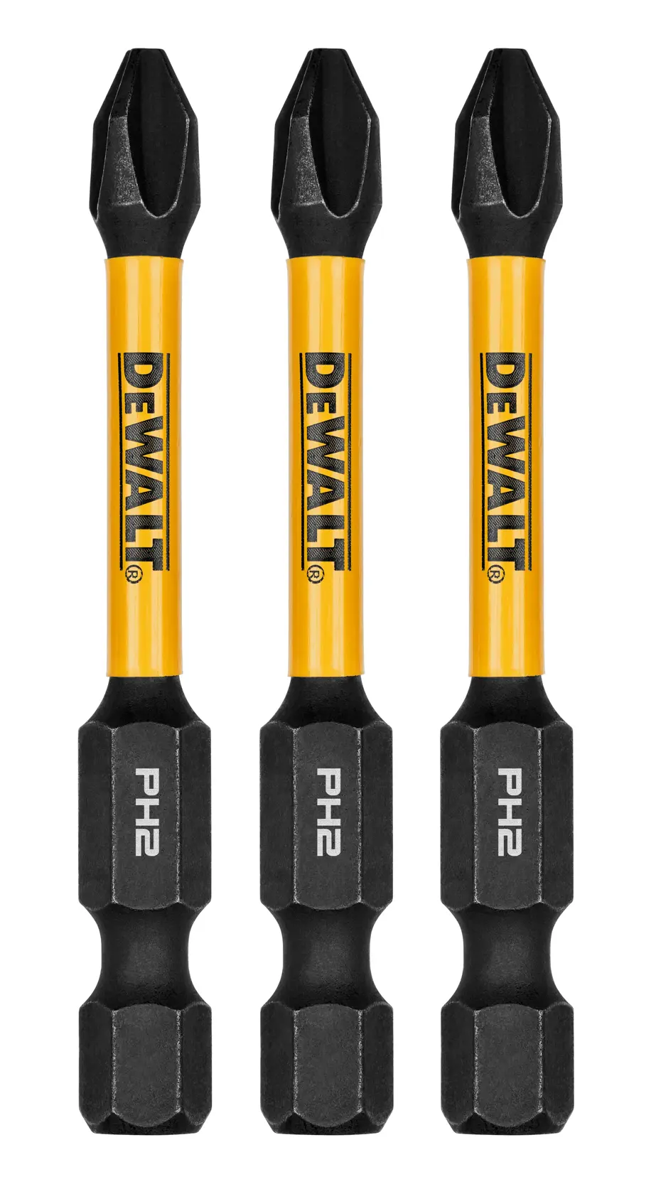 Three DEWALT PH2 impact screwdriver bits with yellow and black color, shown upright and side by side.