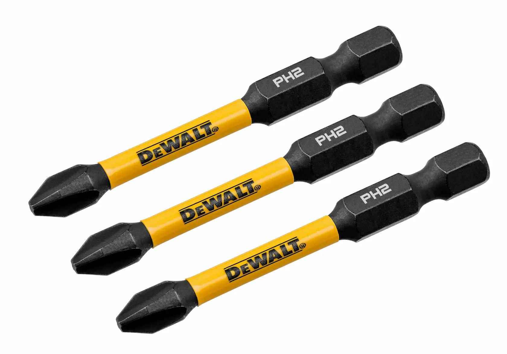Three DEWALT brand Phillips PH2 screwdriver bits with yellow shafts and black tips, arranged diagonally on a white background.