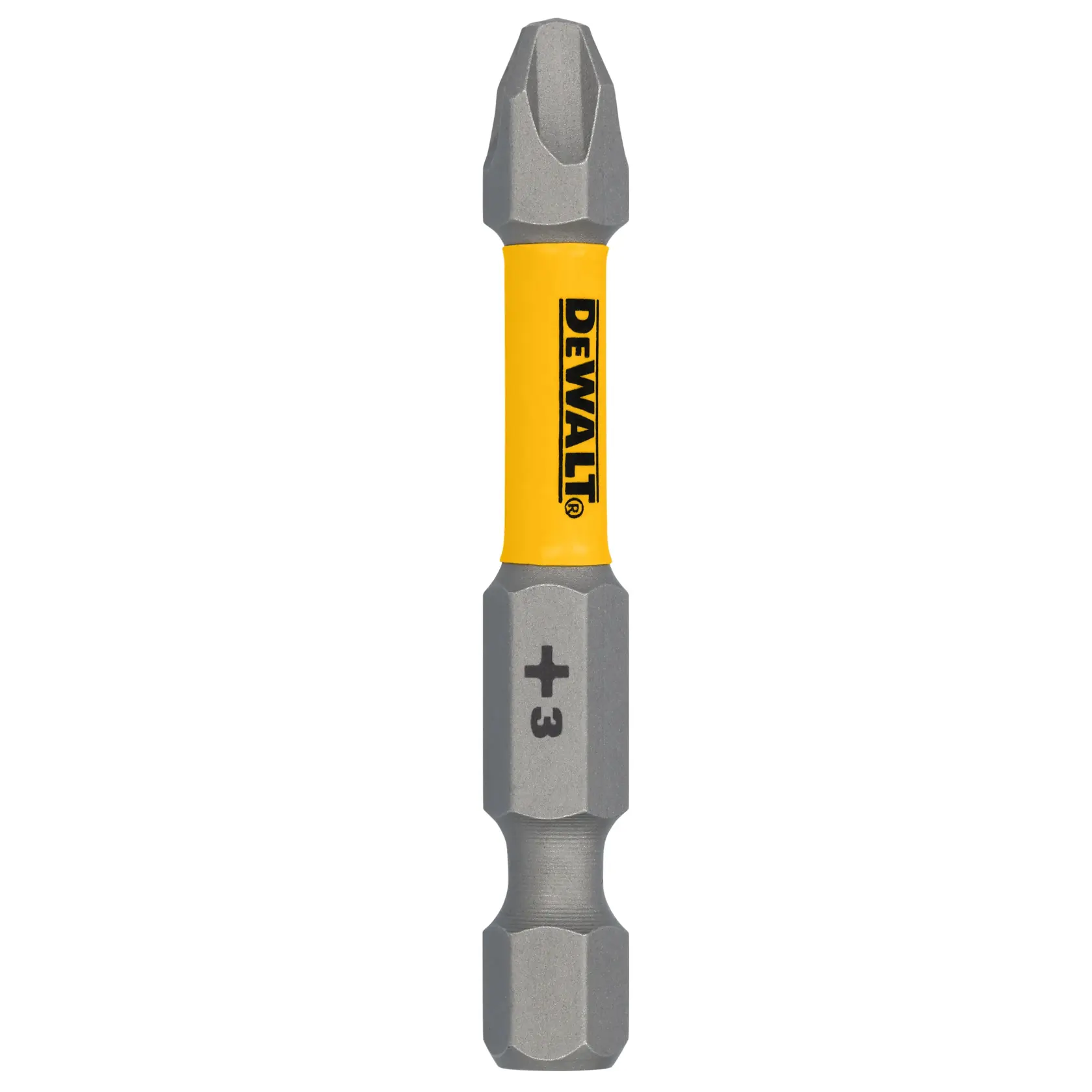 A DEWALT branded screwdriver bit with a yellow center section, featuring a Phillips #3 tip, designed for use with power tools.