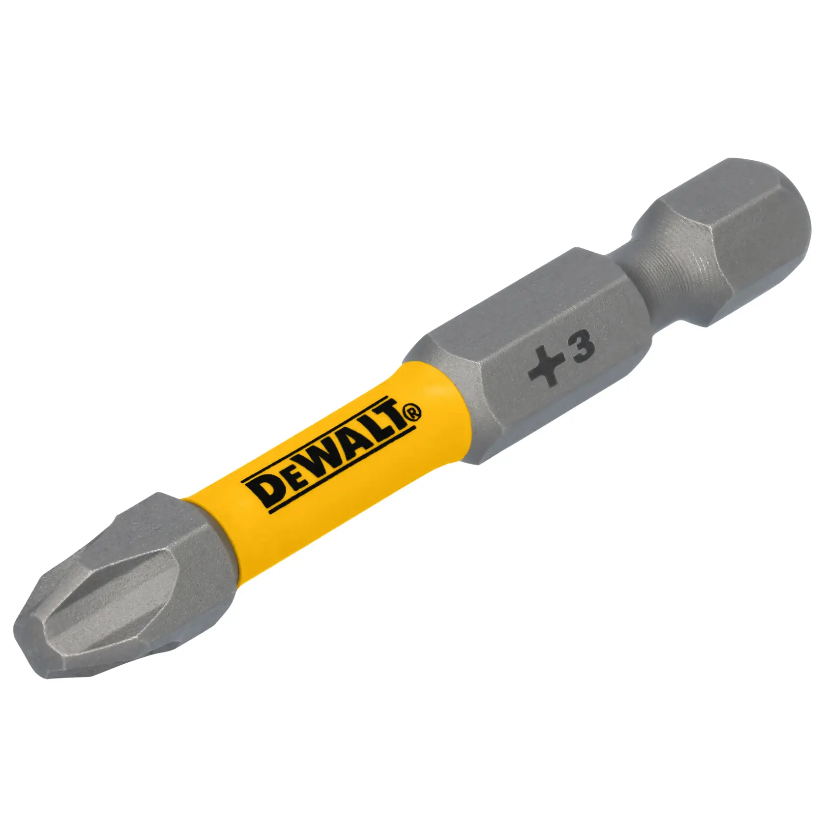 A DEWALT branded Phillips #3 screwdriver bit with a yellow shaft and gray metal ends.