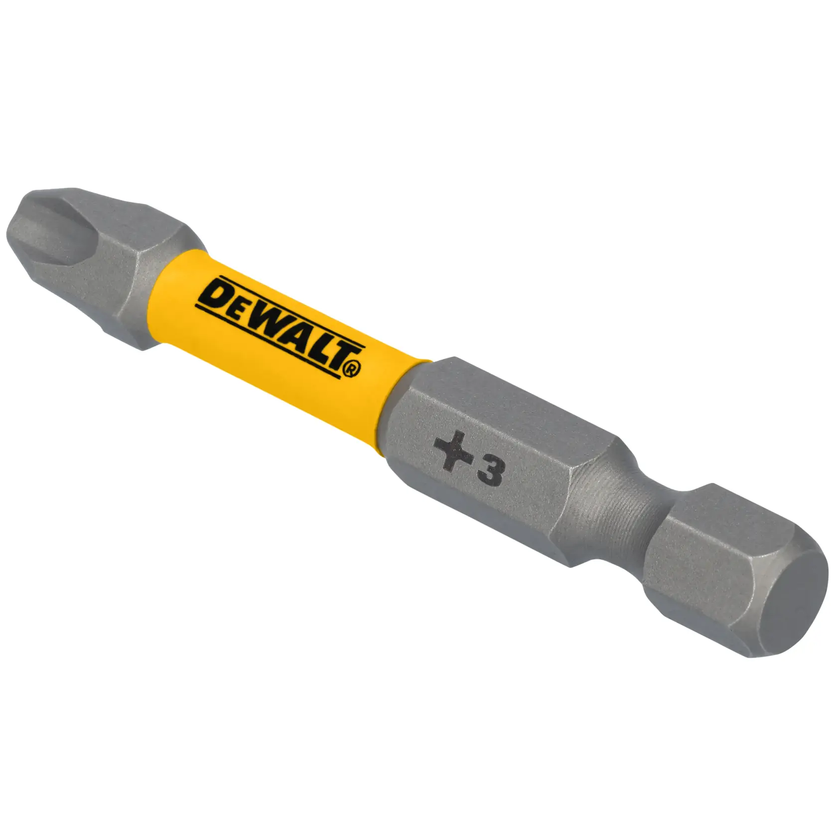 A close-up image of a DEWALT branded screwdriver bit, featuring a yellow shaft and a Phillips #3 tip.