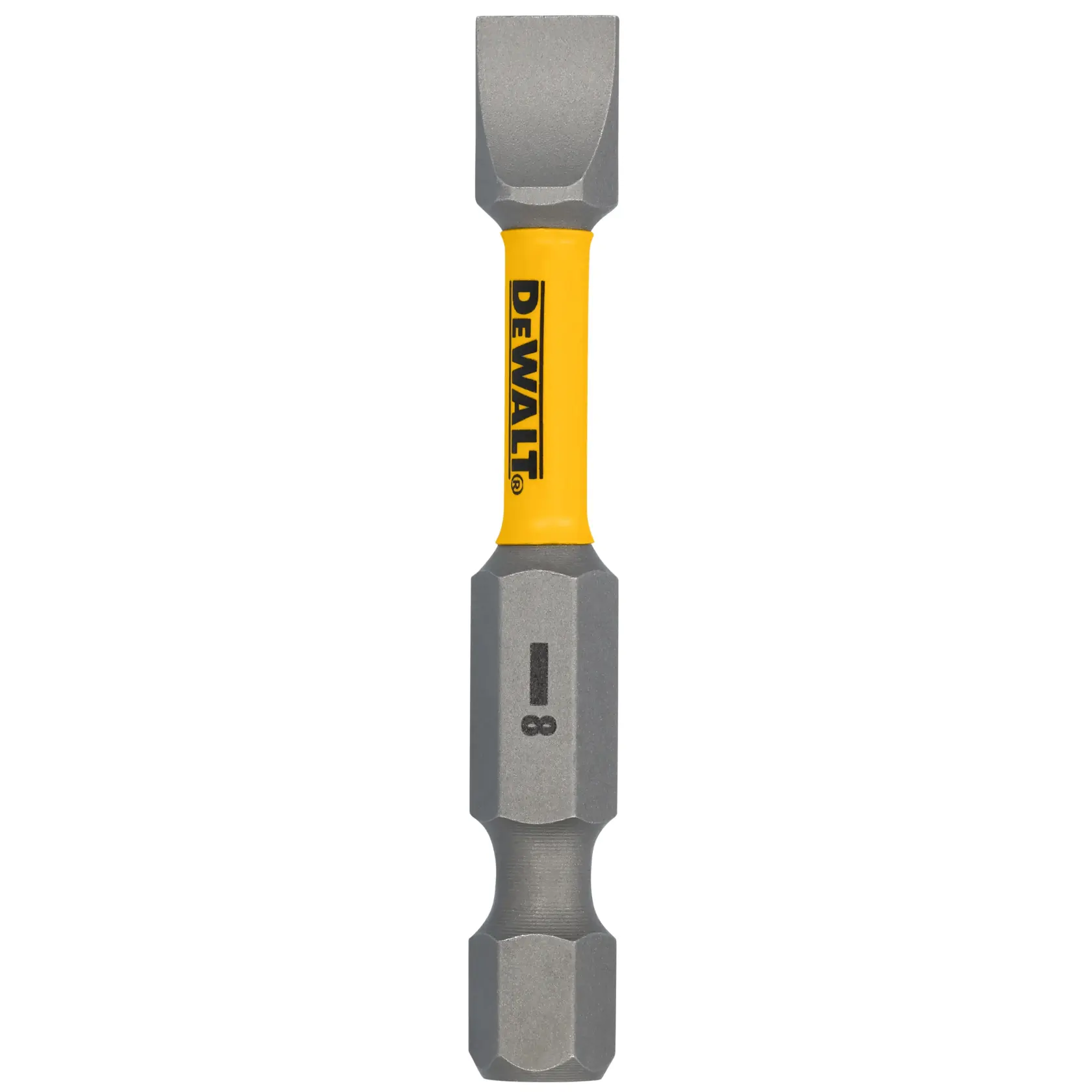 A DEWALT double-ended screwdriver bit with a yellow center, featuring a slotted tip and an 8 marking on the gray metal ends.