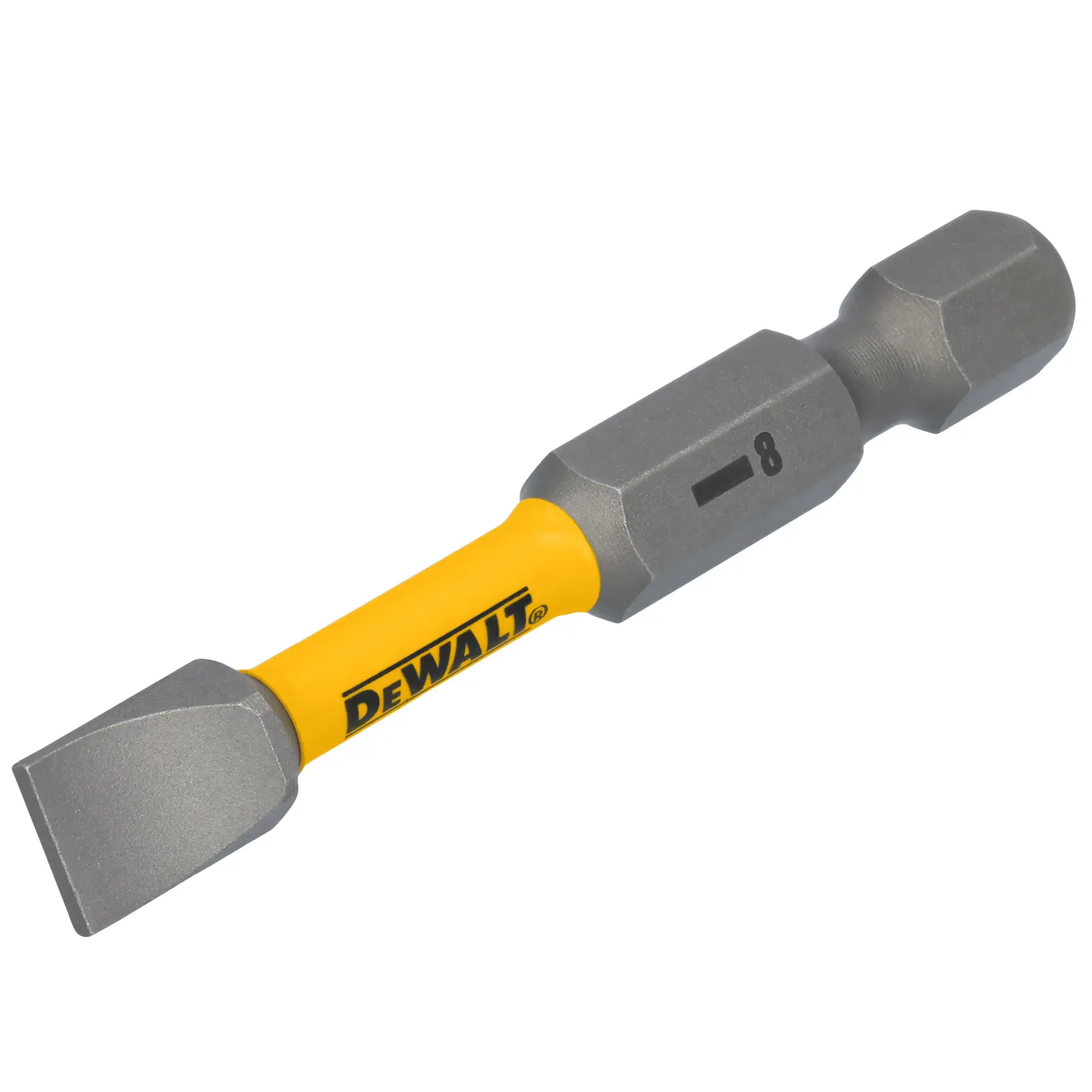 A DEWALT branded flathead screwdriver bit with a yellow shaft and metal ends, featuring size marking '8' on the side.