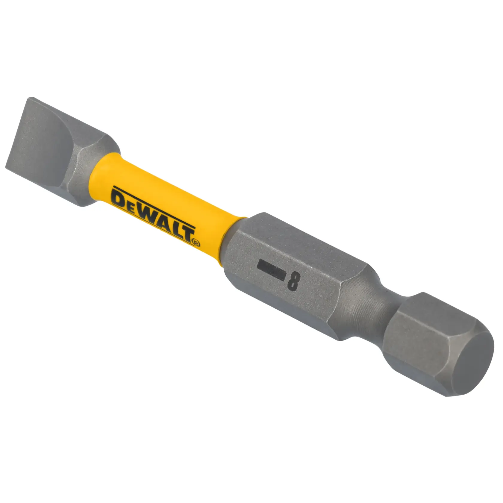 A DEWALT branded slotted screwdriver bit with a yellow shaft and metal ends, showing the size marking '8' on one end.