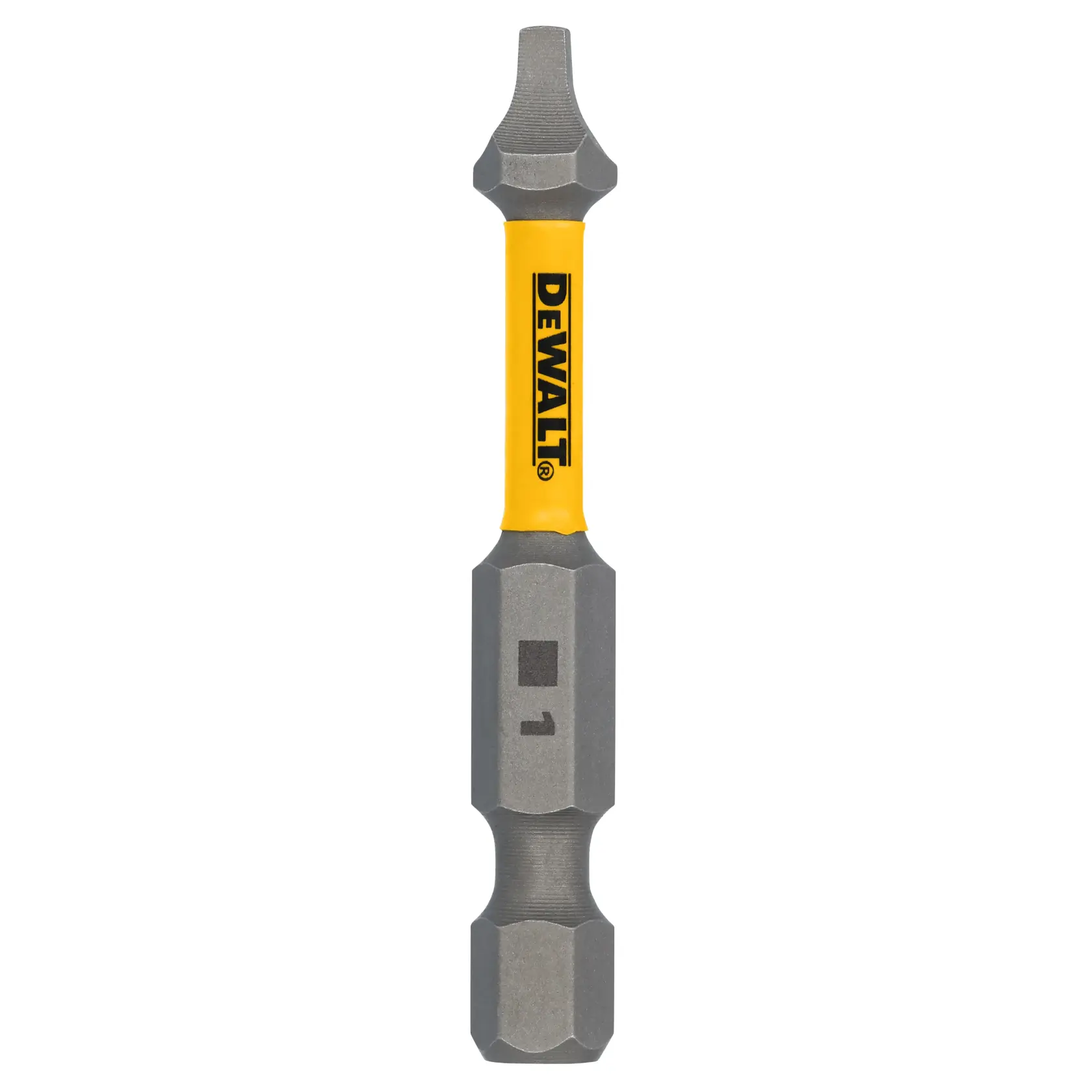 A DEWALT branded double-ended screwdriver bit with a yellow center and metallic ends, marked with a square and the number 1.