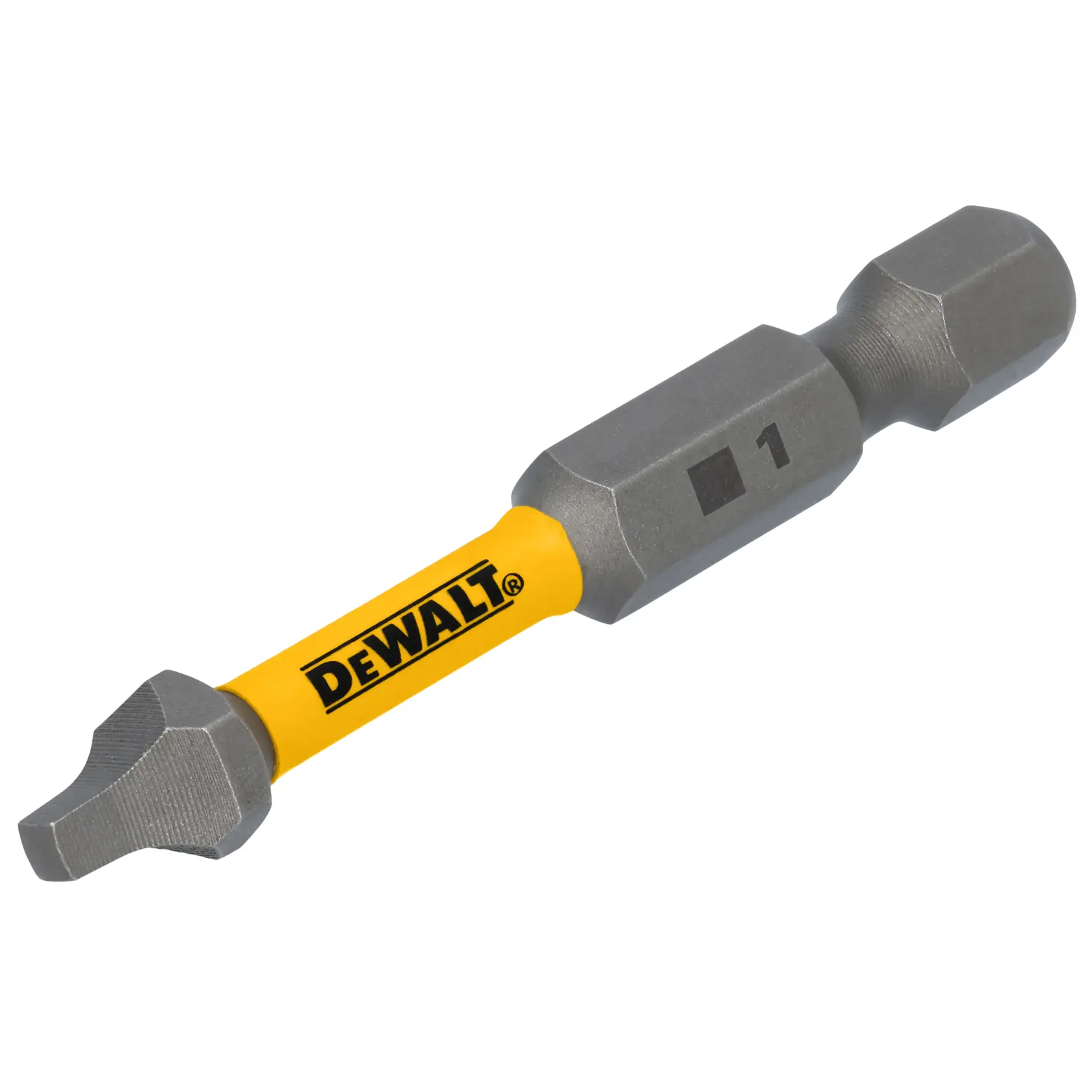 A DEWALT branded screwdriver bit with a yellow middle section and metal ends, designed for use with power tools.