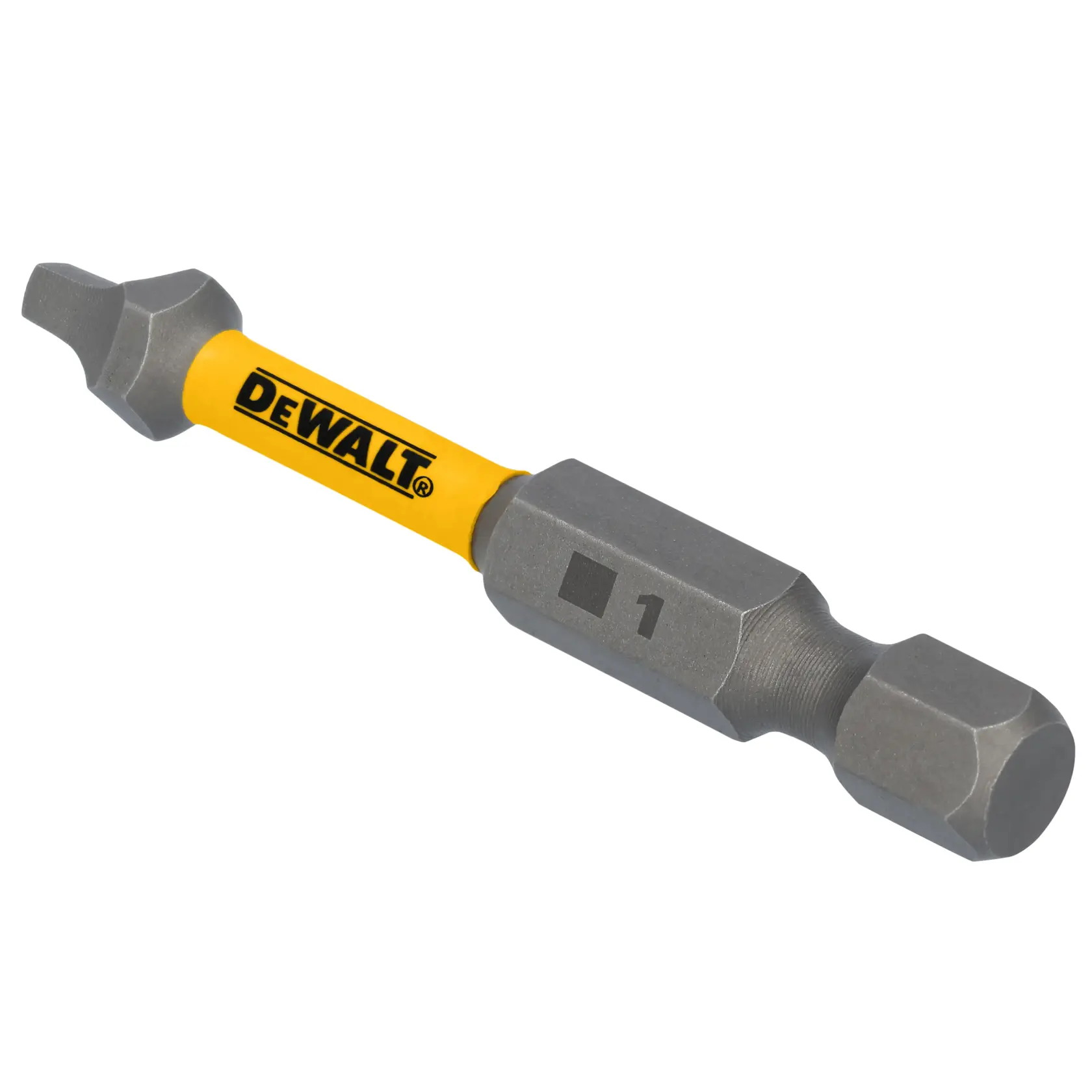 A DEWALT branded screwdriver bit with a yellow shaft and gray metal ends, designed for use with power tools.